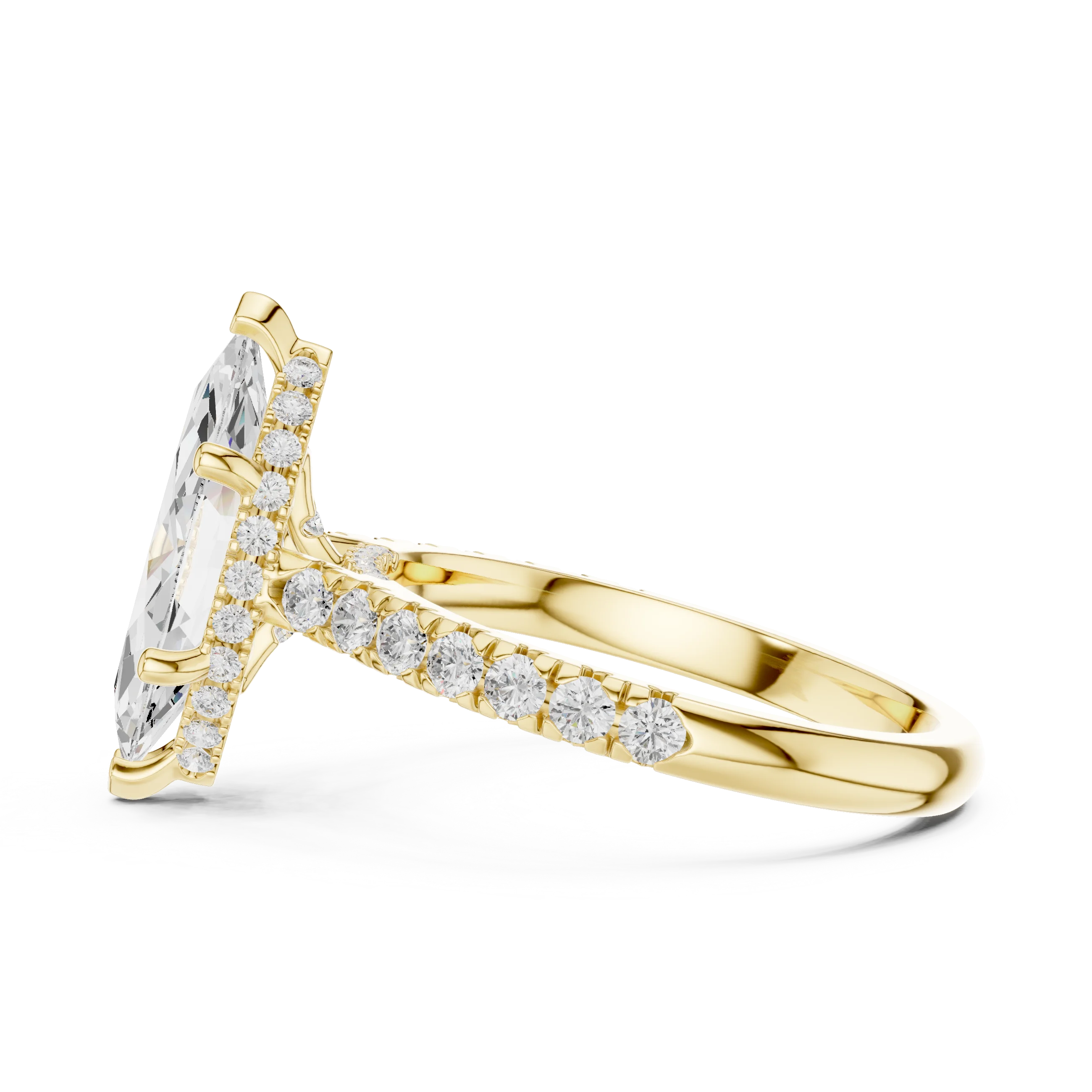 Marquise Cut Diamond Hidden Halo Engagement Ring with Pave Band