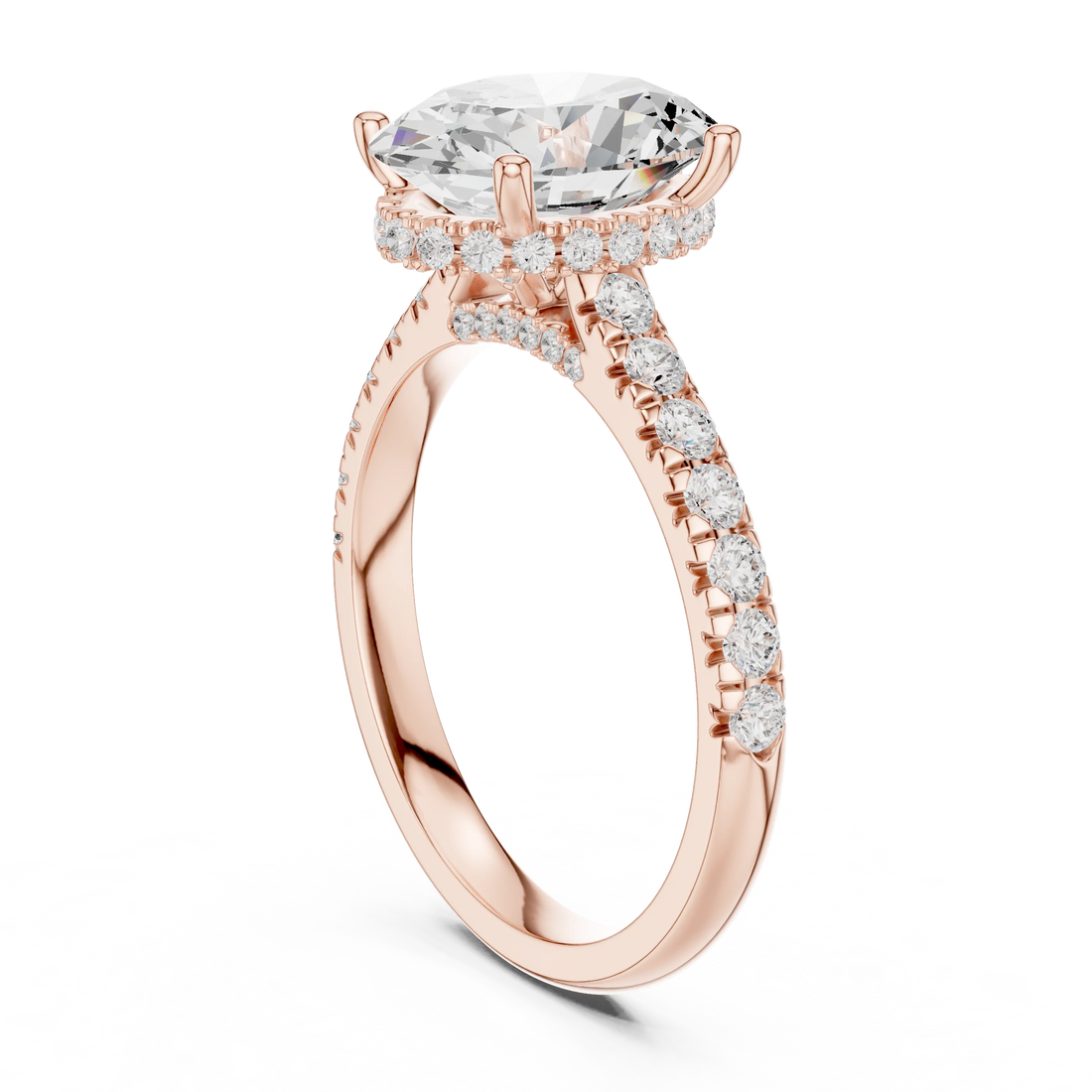 Oval Cut Diamond Hidden Halo Engagement Ring with Pave Band