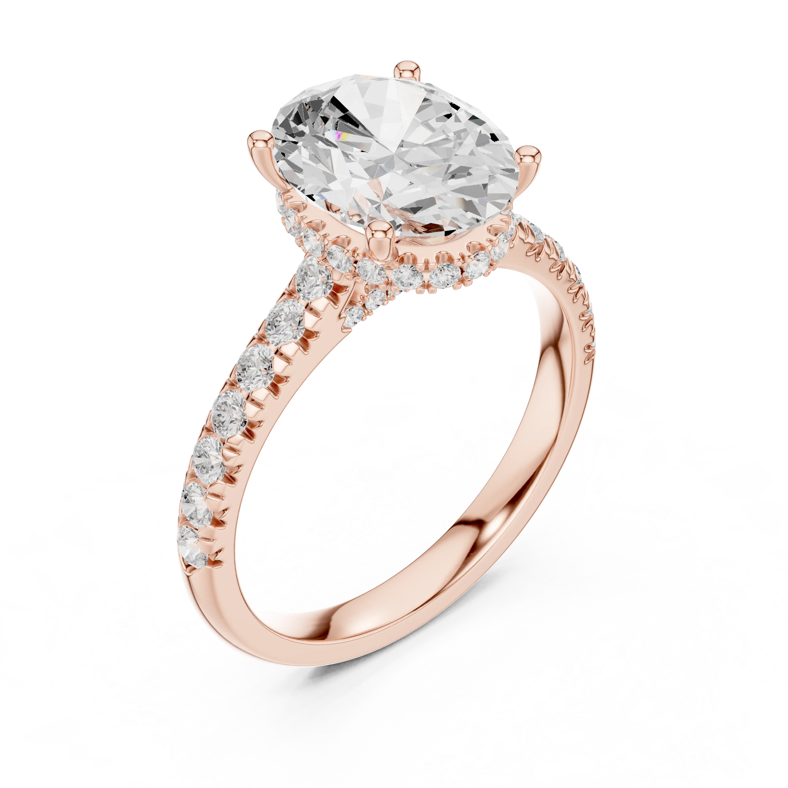 Oval Cut Diamond Hidden Halo Engagement Ring with Pave Band