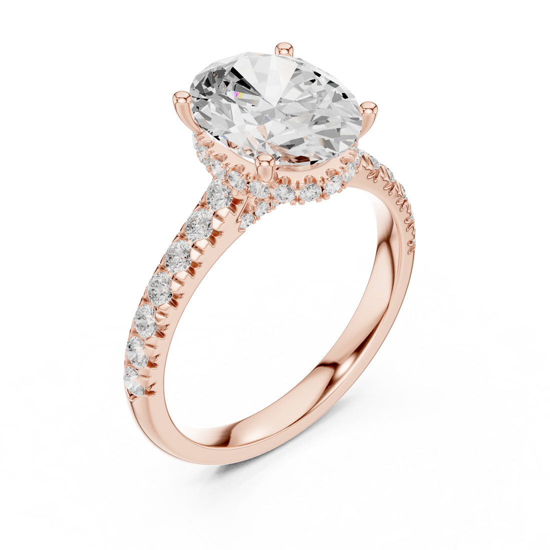 Oval Cut Diamond Hidden Halo Engagement Ring with Pave Band