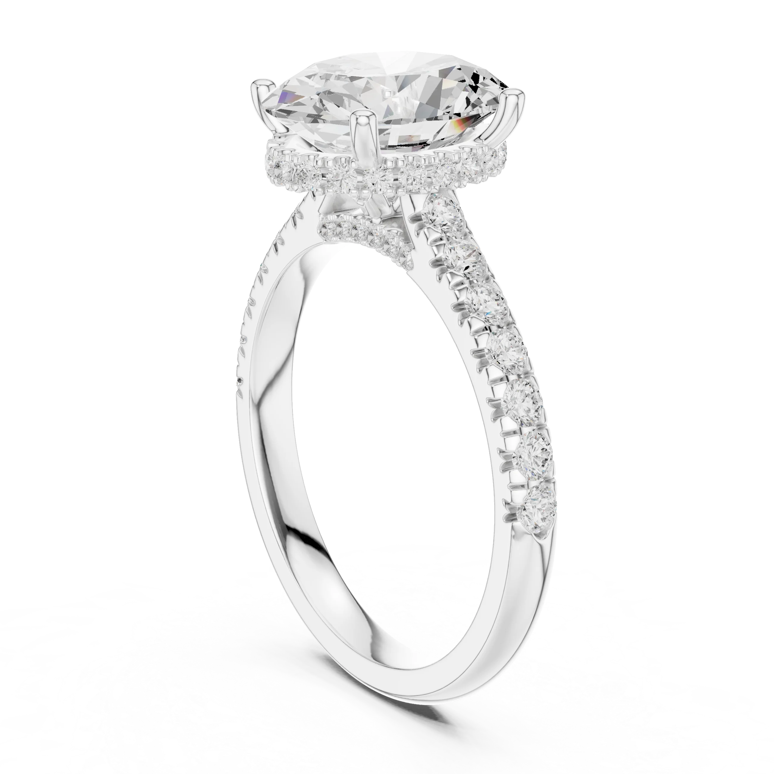 Oval Cut Diamond Hidden Halo Engagement Ring with Pave Band