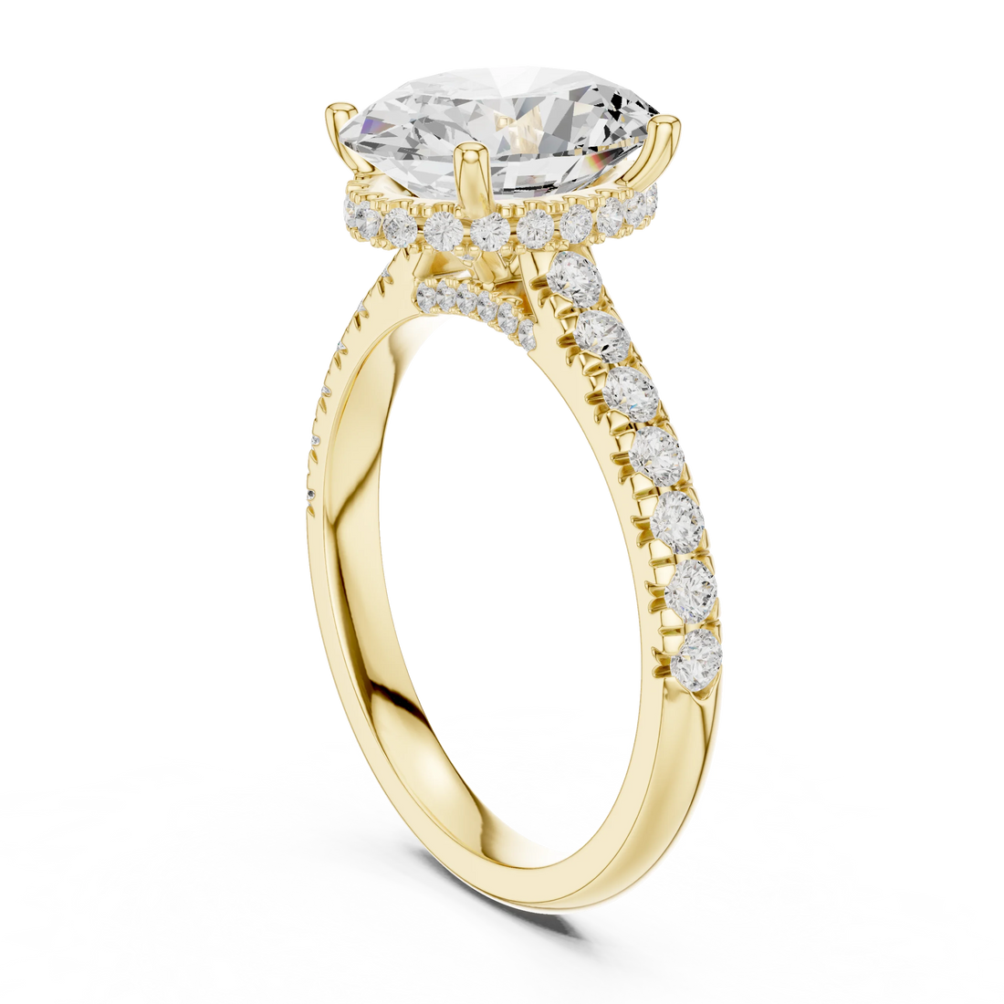 Oval Cut Diamond Hidden Halo Engagement Ring with Pave Band