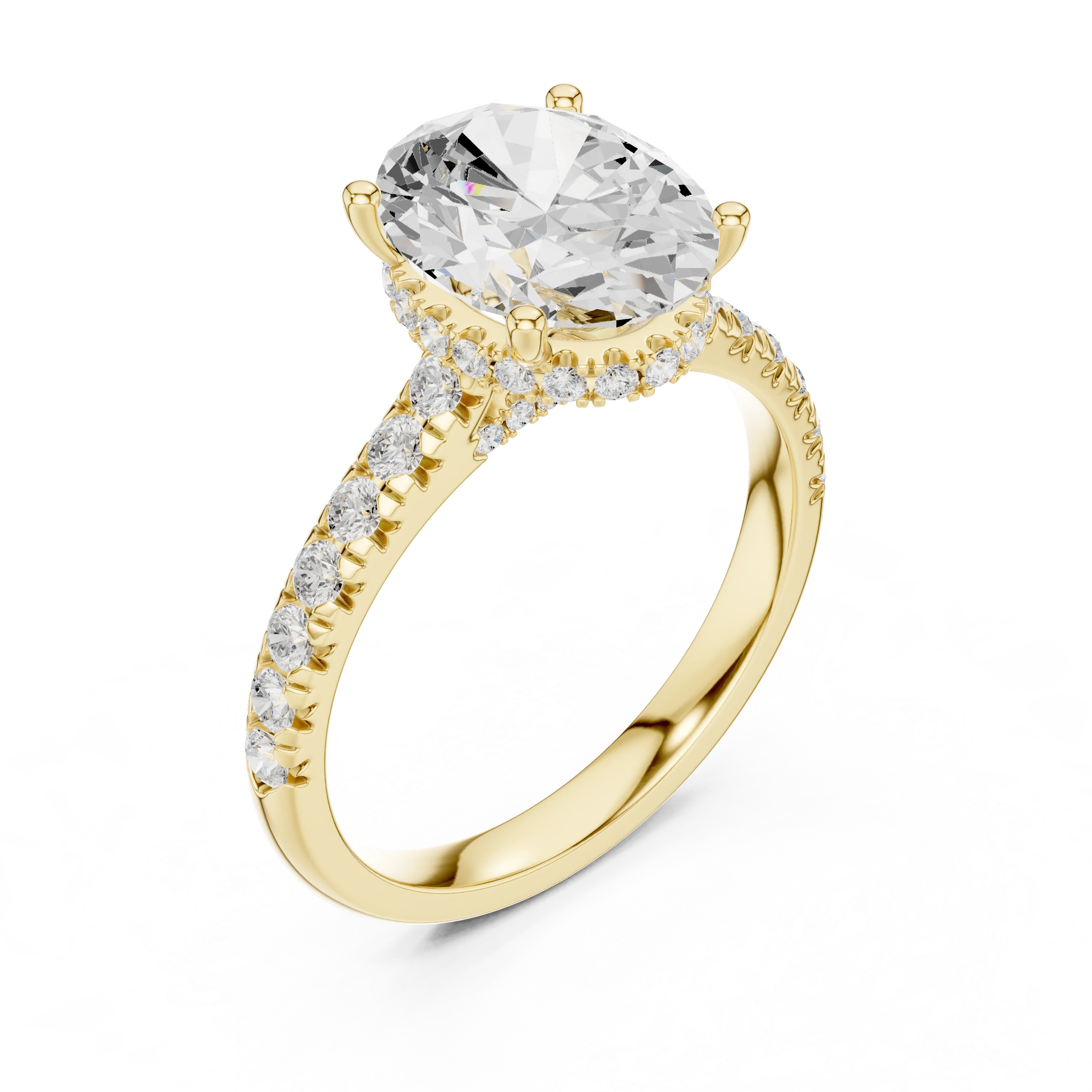 Oval Cut Diamond Hidden Halo Engagement Ring with Pave Band