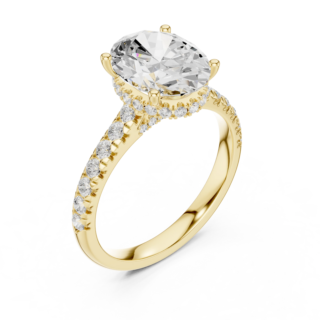 Oval Cut Diamond Hidden Halo Engagement Ring with Pave Band