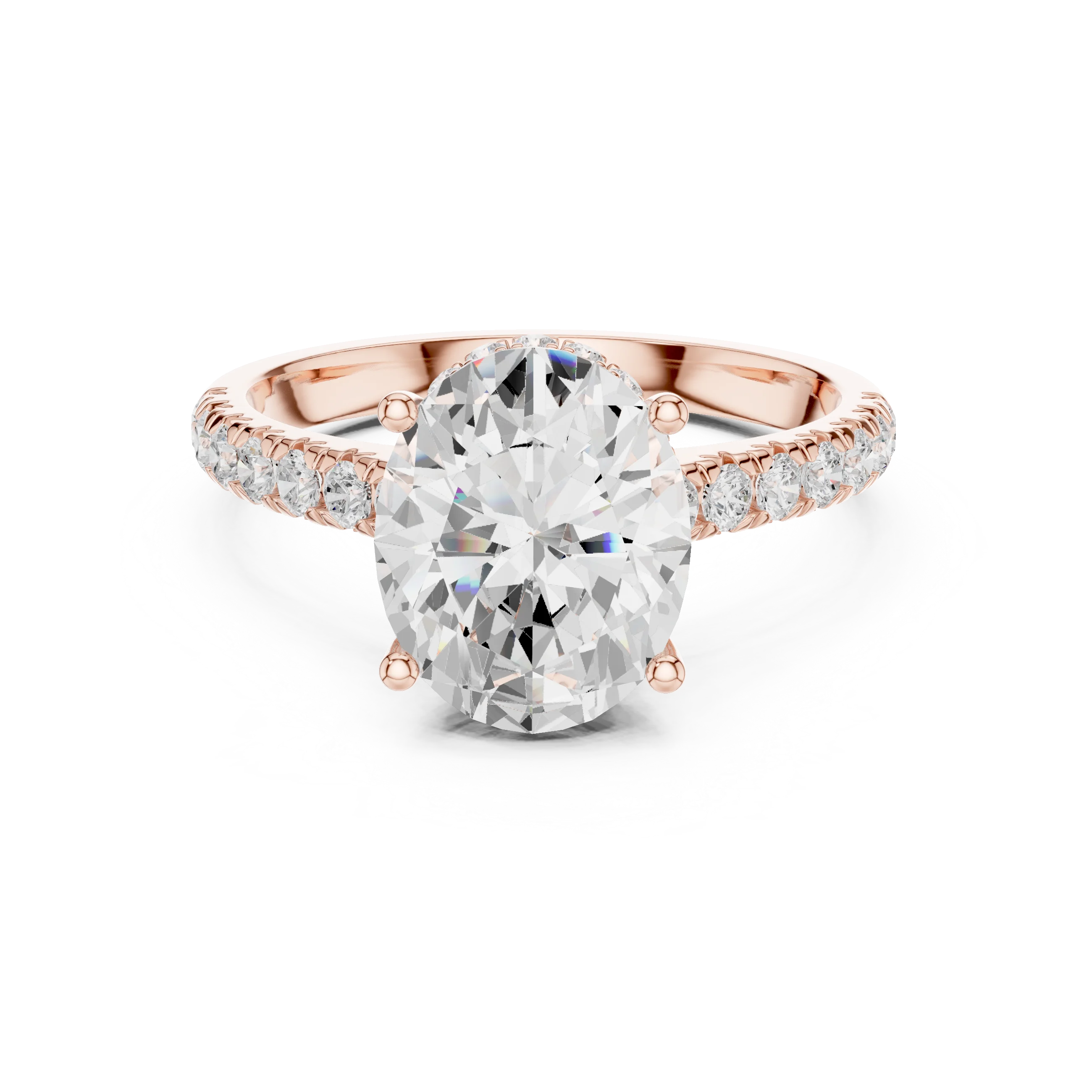 Oval Cut Diamond Hidden Halo Engagement Ring with Pave Band