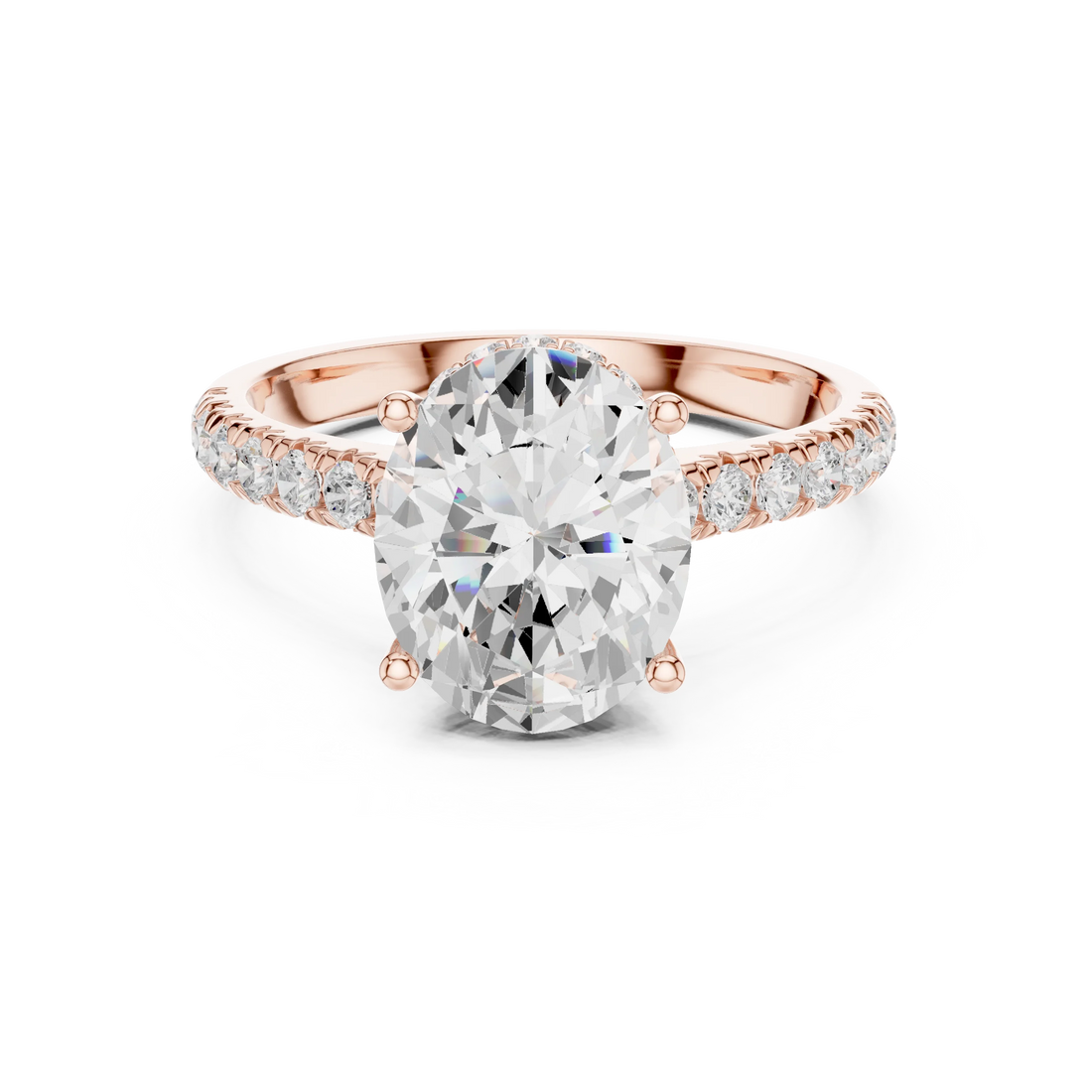 Oval Cut Diamond Hidden Halo Engagement Ring with Pave Band