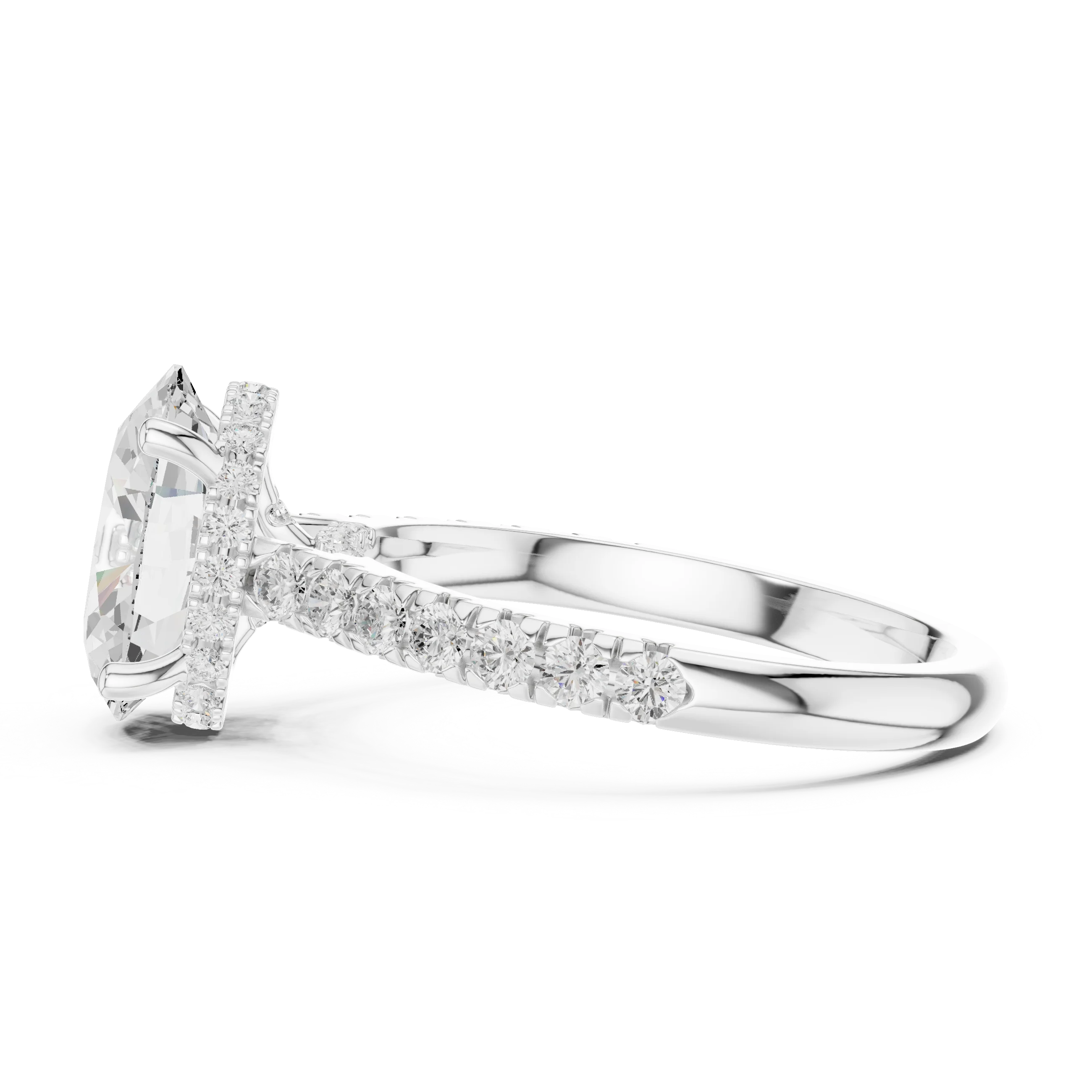 Oval Cut Diamond Hidden Halo Engagement Ring with Pave Band