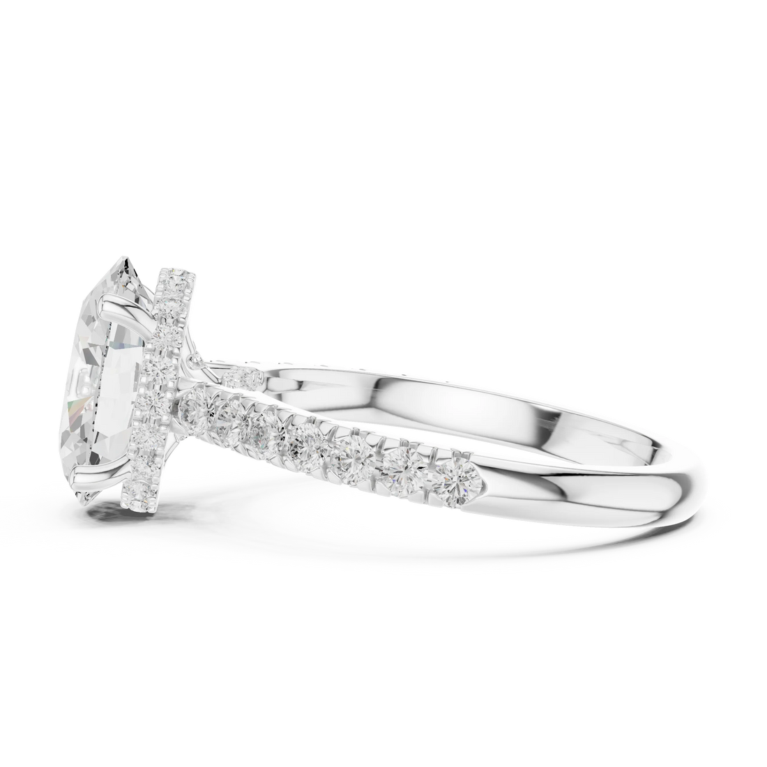 Oval Cut Diamond Hidden Halo Engagement Ring with Pave Band