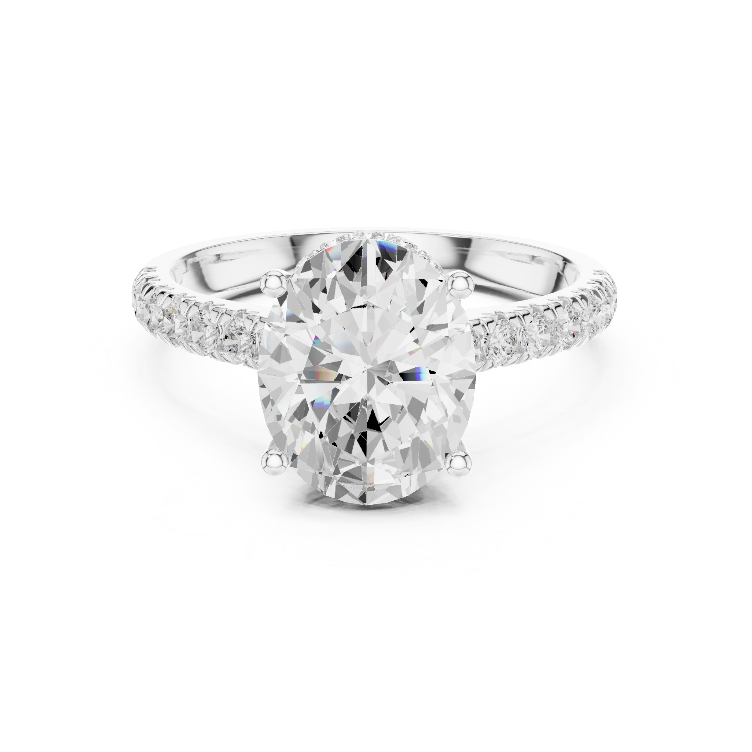 Oval Cut Diamond Hidden Halo Engagement Ring with Pave Band