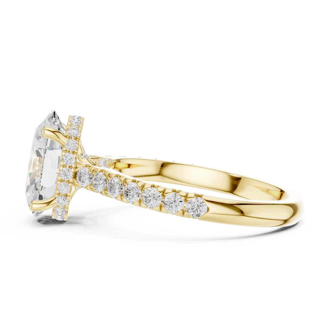 Oval Cut Diamond Hidden Halo Engagement Ring with Pave Band