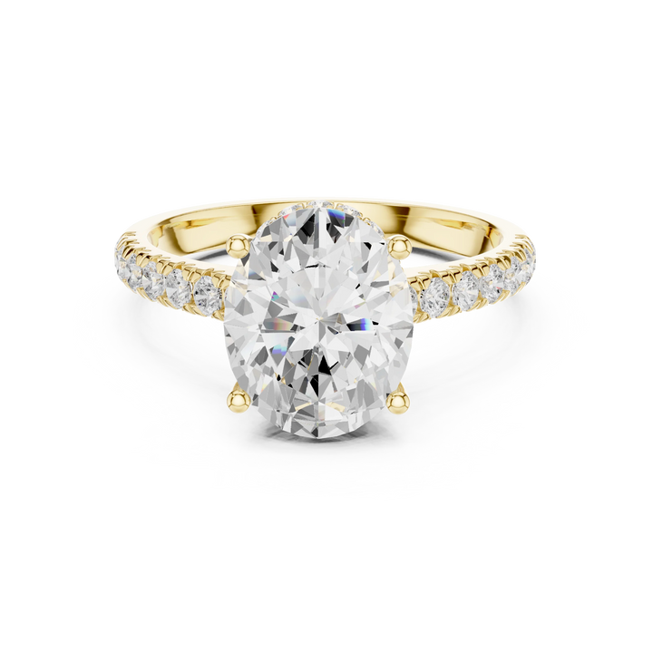 Oval Cut Diamond Hidden Halo Engagement Ring with Pave Band