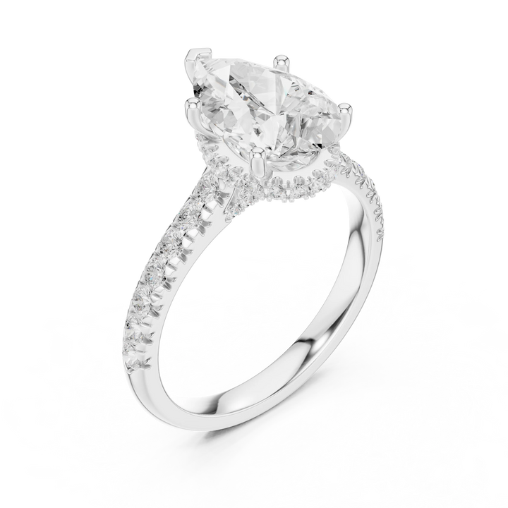 Pear Cut Diamond Hidden Halo Engagement Ring with Pave Band