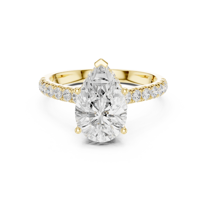 Pear Cut Diamond Hidden Halo Engagement Ring with Pave Band
