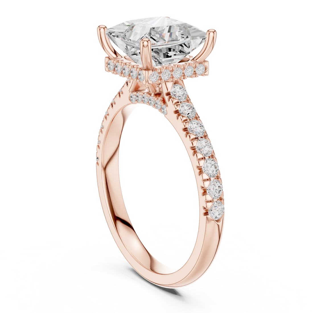 Princess Cut Diamond Hidden Halo Engagement Ring with Pave Band