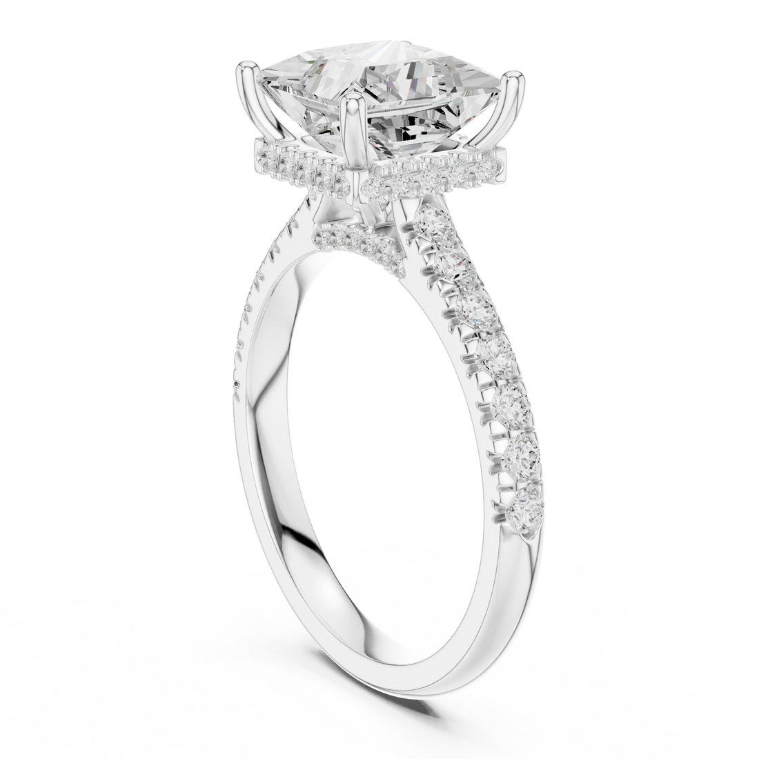 Princess Cut Diamond Hidden Halo Engagement Ring with Pave Band