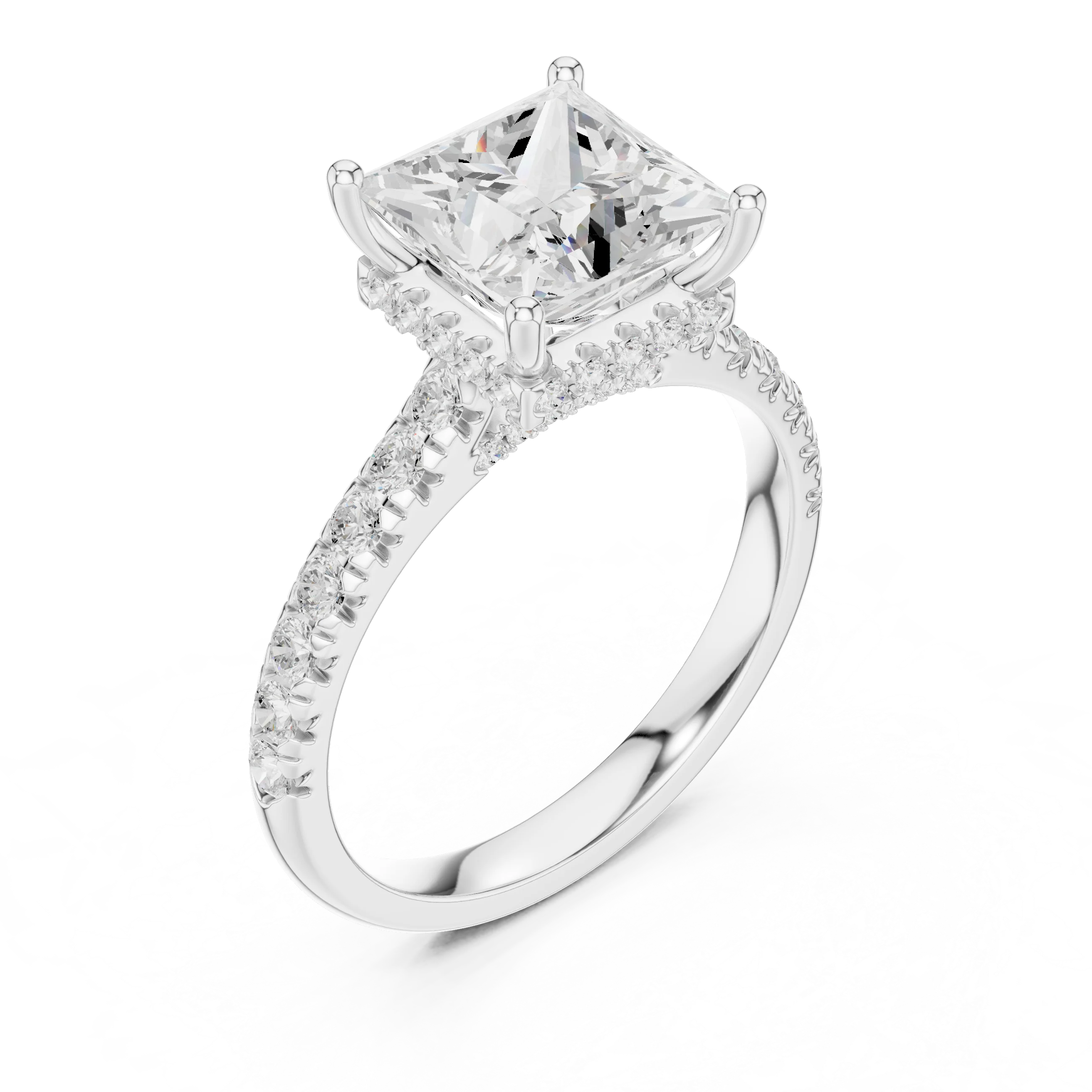 Princess Cut Diamond Hidden Halo Engagement Ring with Pave Band