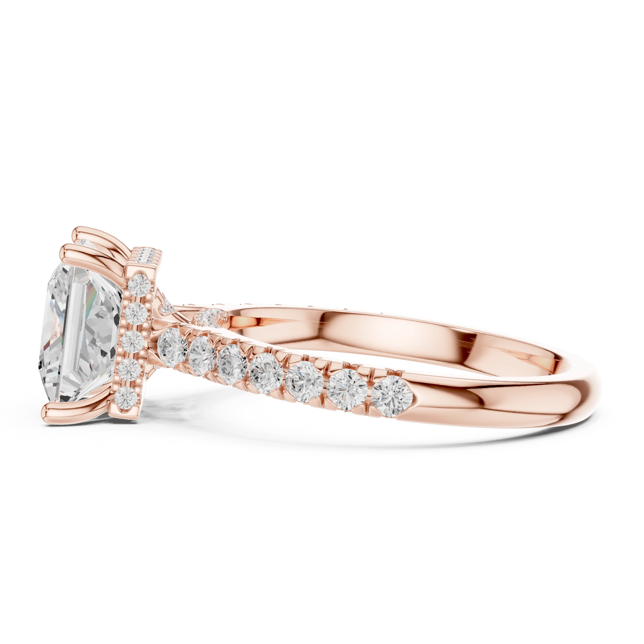 Princess Cut Diamond Hidden Halo Engagement Ring with Pave Band