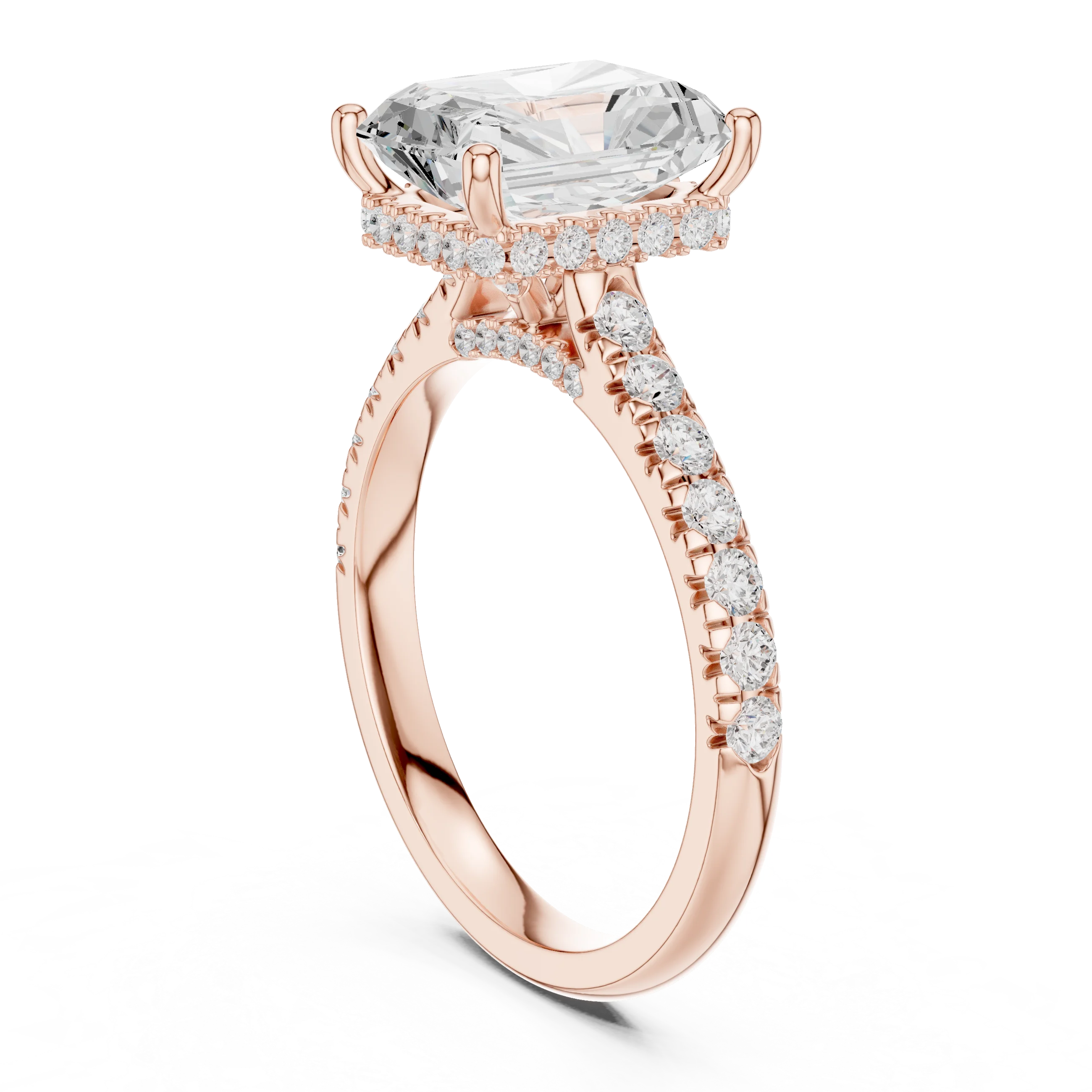 Radiant Cut Diamond Hidden Halo Engagement Ring with Pave Band