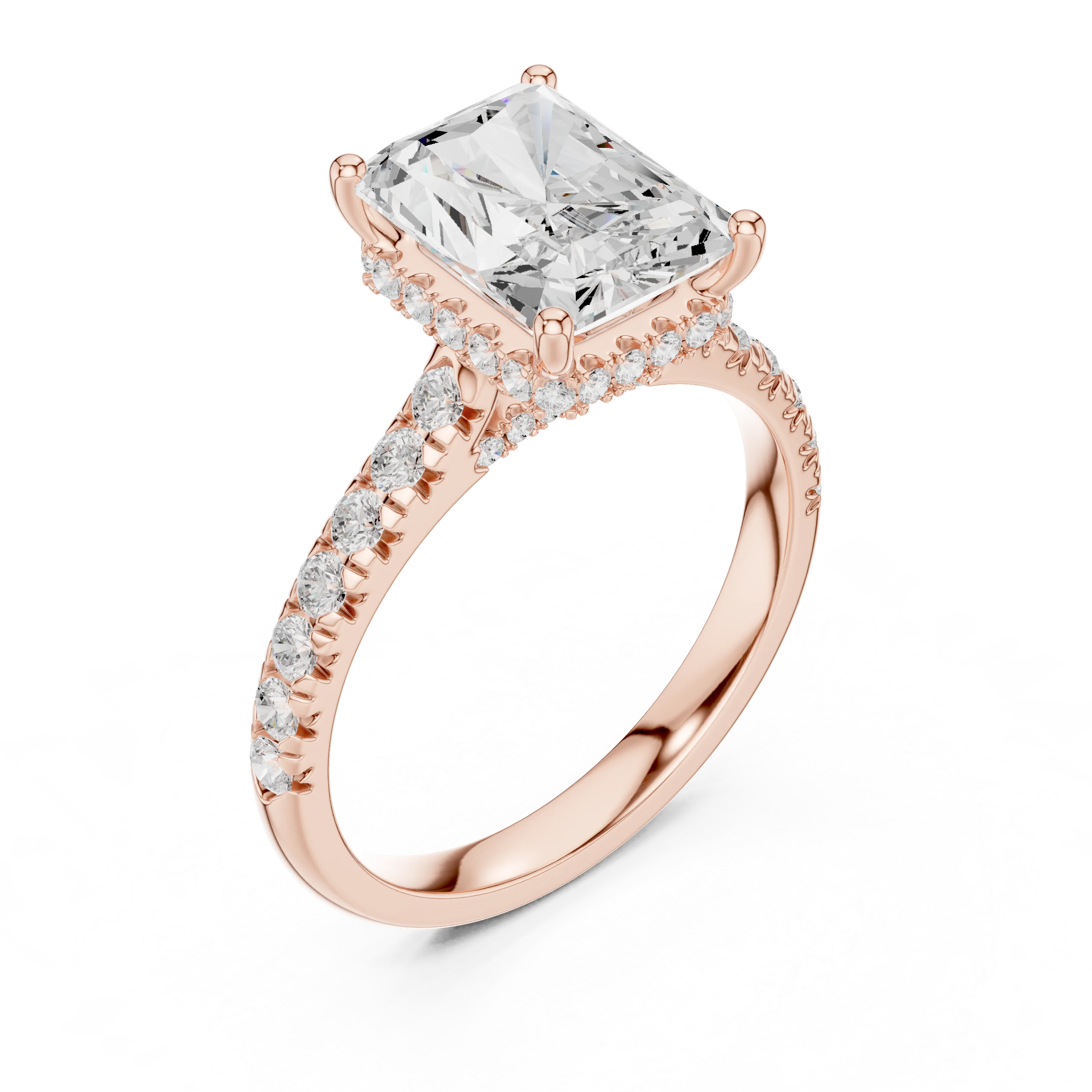 Radiant Cut Diamond Hidden Halo Engagement Ring with Pave Band