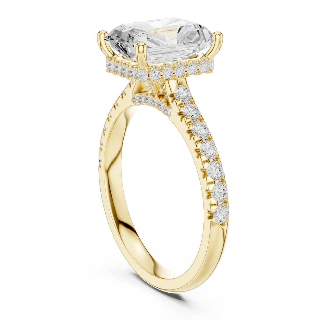 Radiant Cut Diamond Hidden Halo Engagement Ring with Pave Band