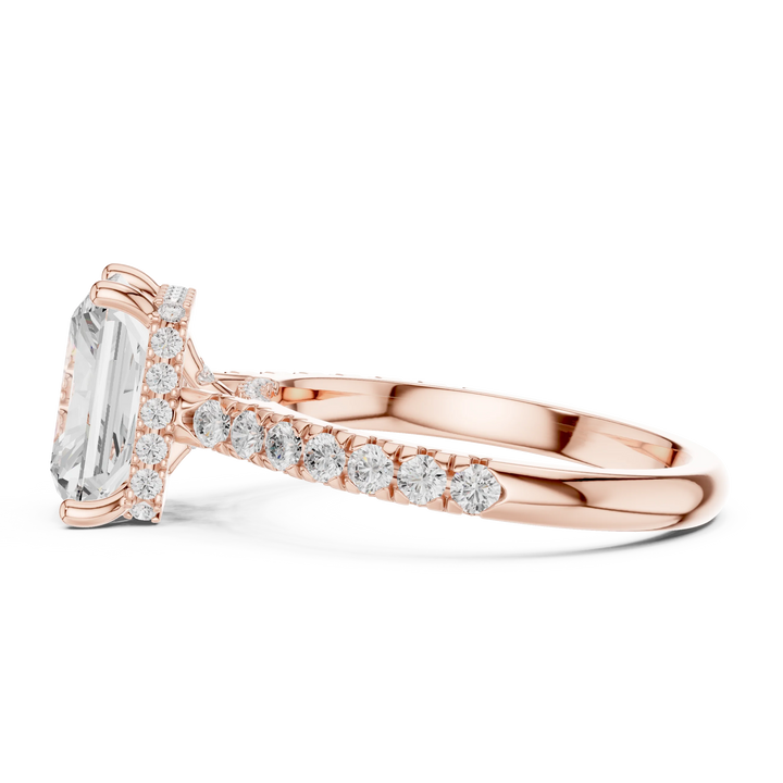 Radiant Cut Diamond Hidden Halo Engagement Ring with Pave Band