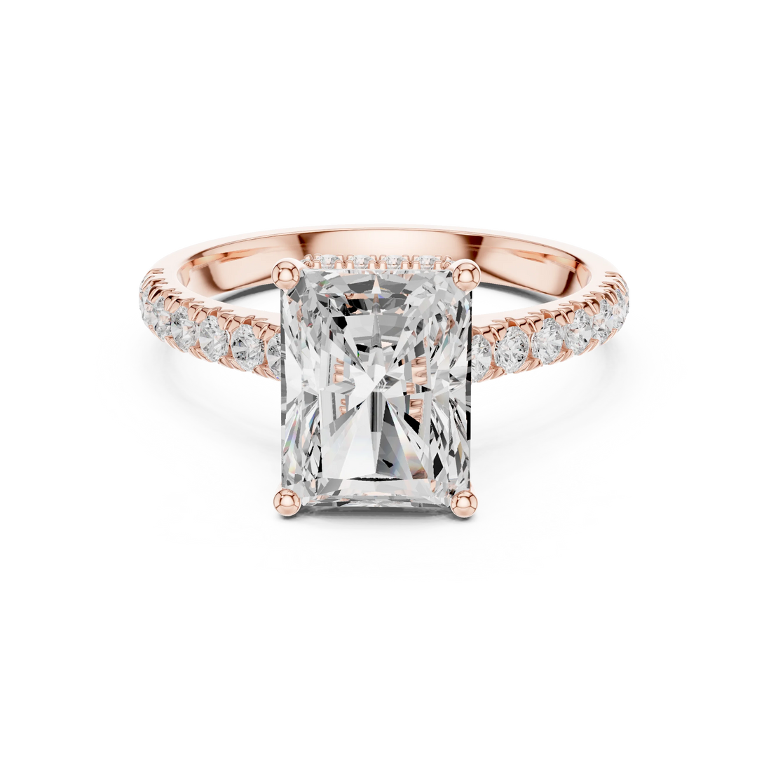 Radiant Cut Diamond Hidden Halo Engagement Ring with Pave Band