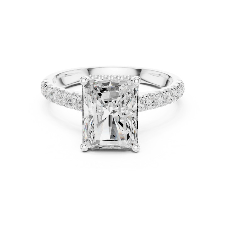 Radiant Cut Diamond Hidden Halo Engagement Ring with Pave Band