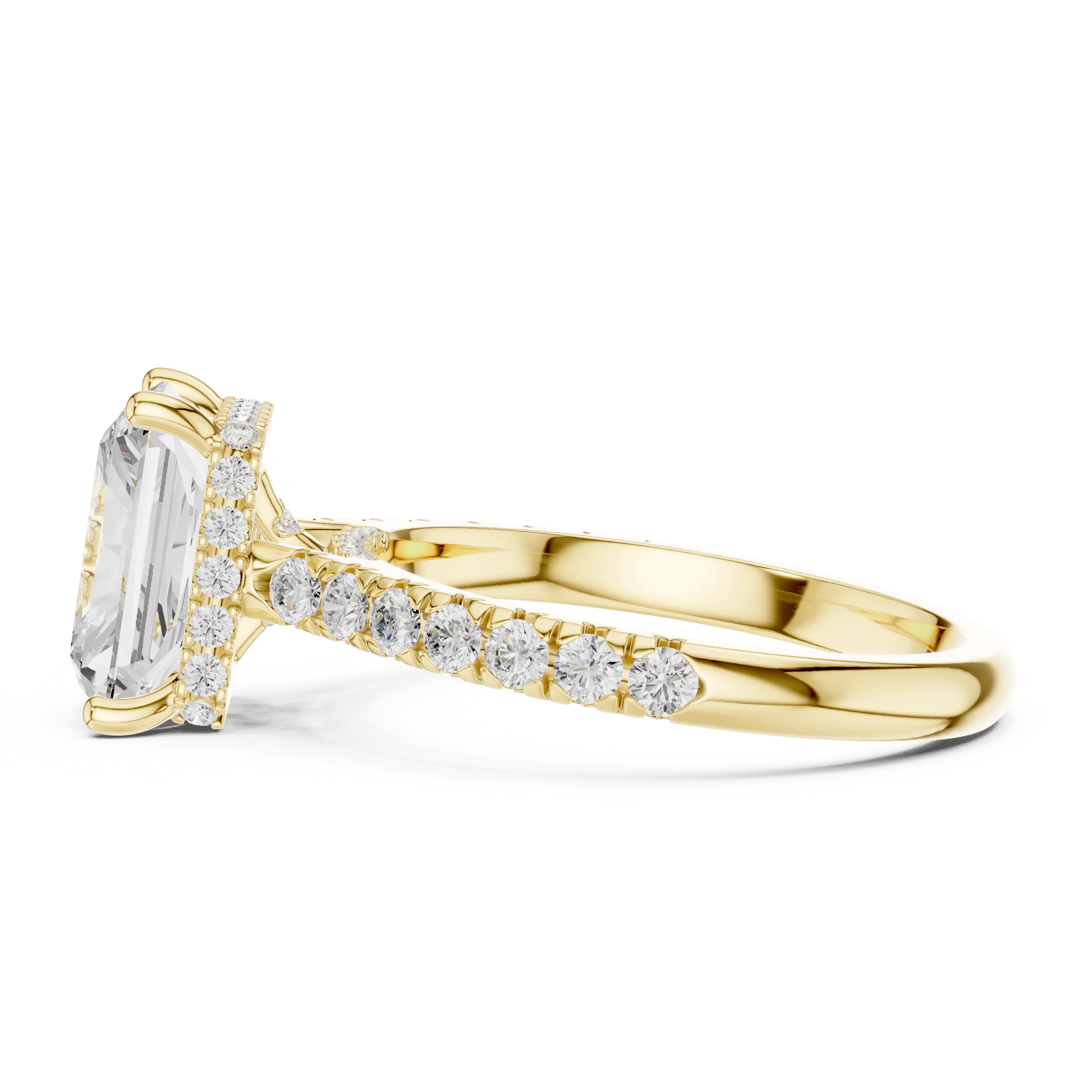Radiant Cut Diamond Hidden Halo Engagement Ring with Pave Band