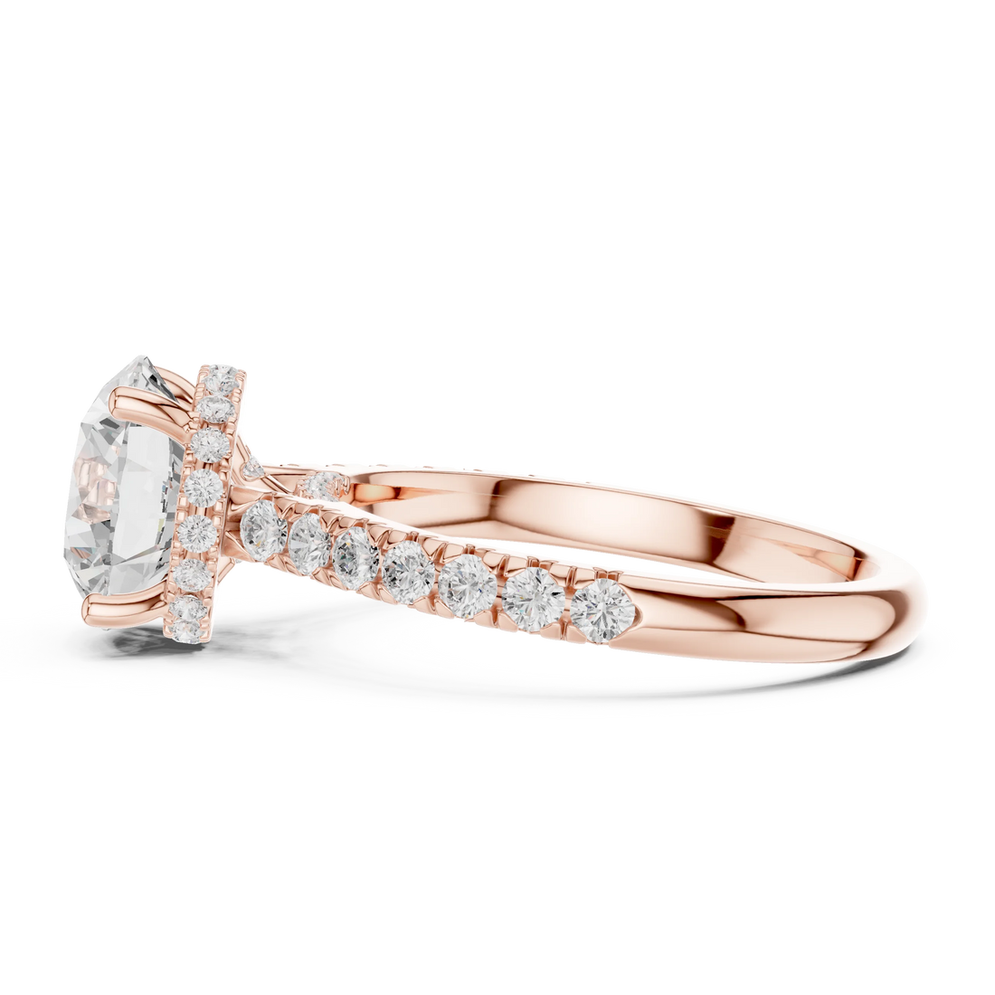 Round Cut Diamond Hidden Halo Engagement Ring with Pave Band