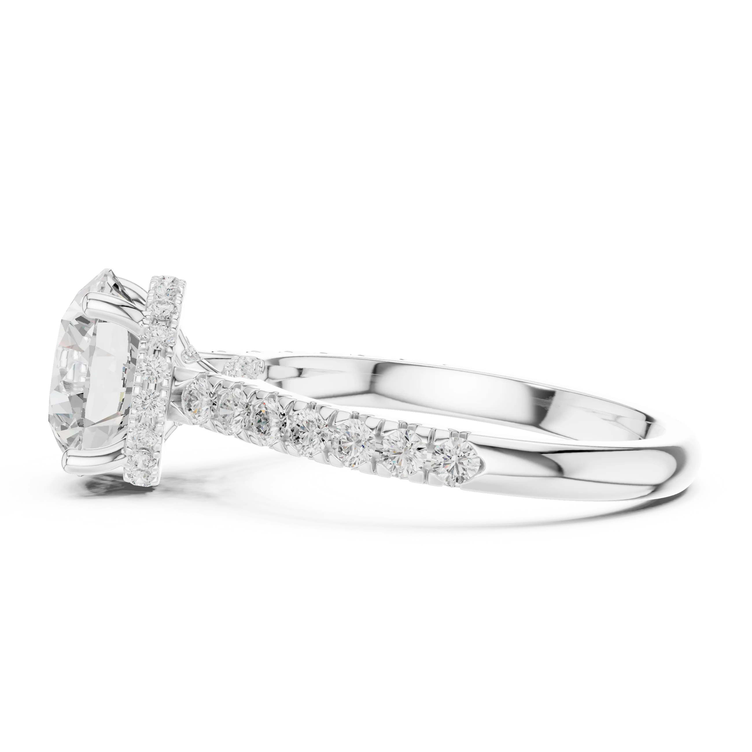 Round Cut Diamond Hidden Halo Engagement Ring with Pave Band