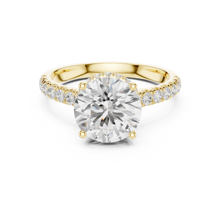 Round Cut Diamond Hidden Halo Engagement Ring with Pave Band