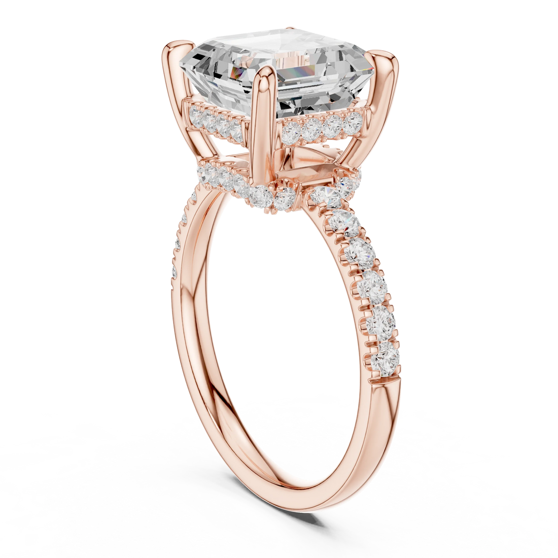 Asscher Diamond Hidden Halo Engagement Ring with Pave Band
