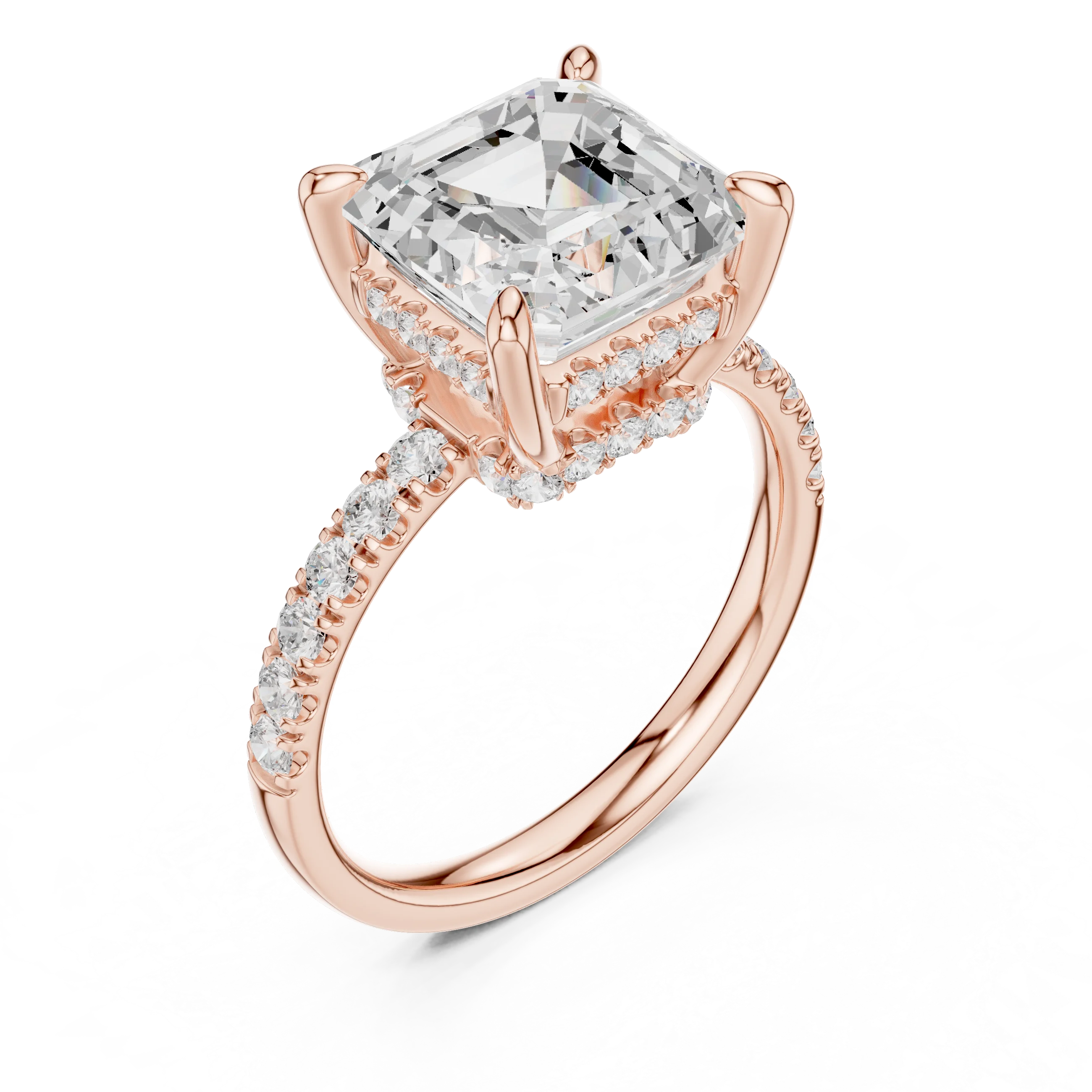 Asscher Diamond Hidden Halo Engagement Ring with Pave Band