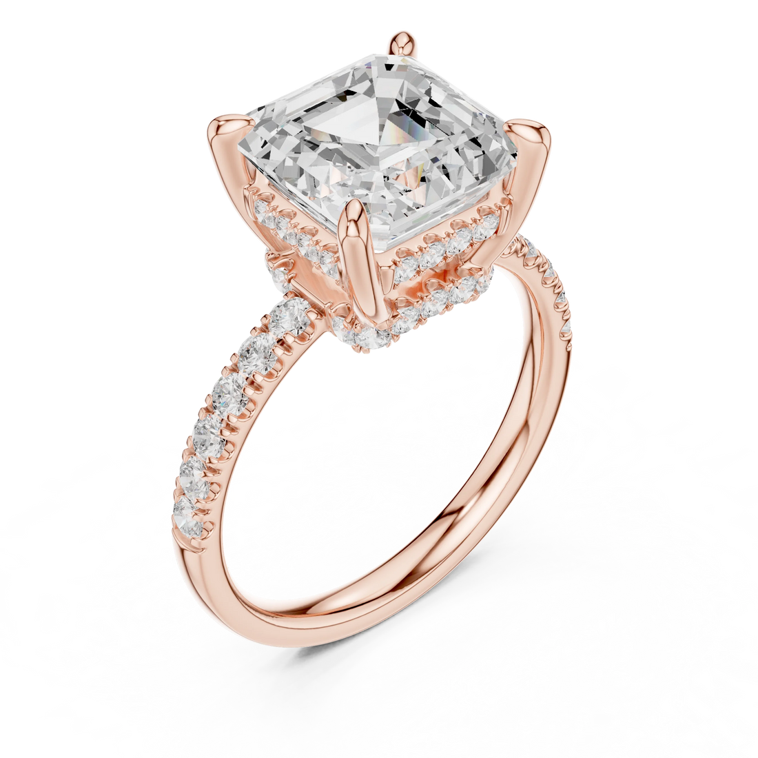 Asscher Diamond Hidden Halo Engagement Ring with Pave Band
