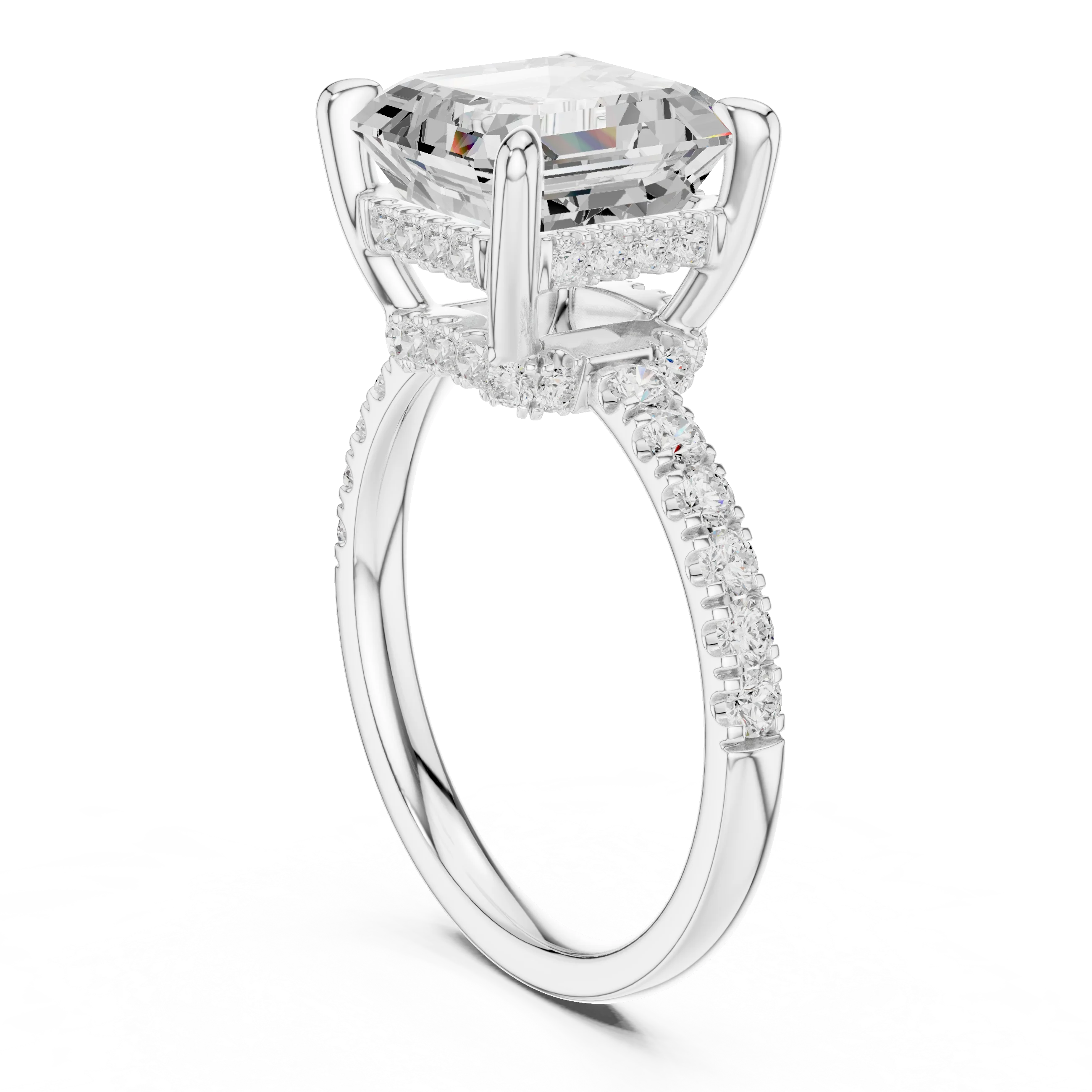 Asscher Diamond Hidden Halo Engagement Ring with Pave Band