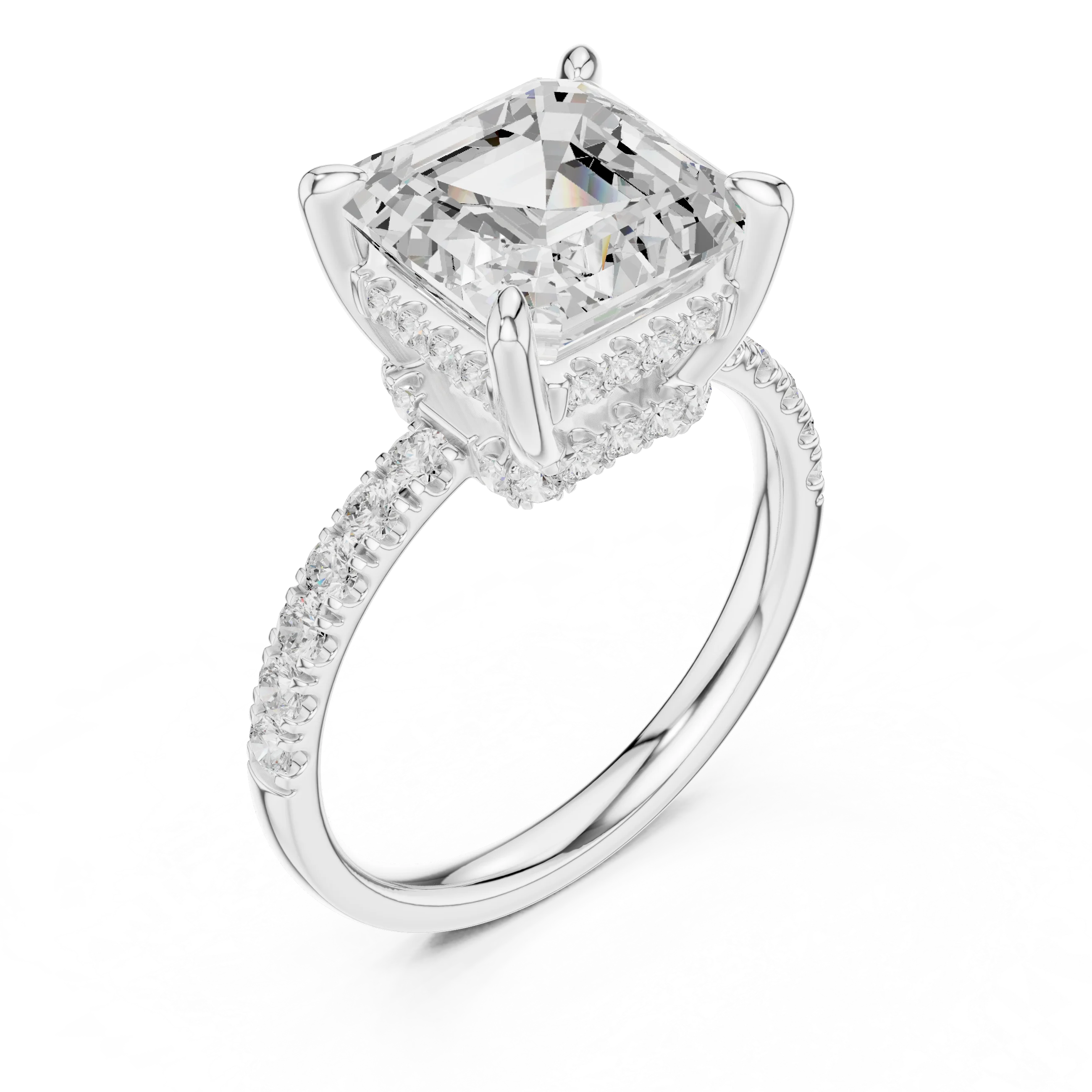 Asscher Diamond Hidden Halo Engagement Ring with Pave Band