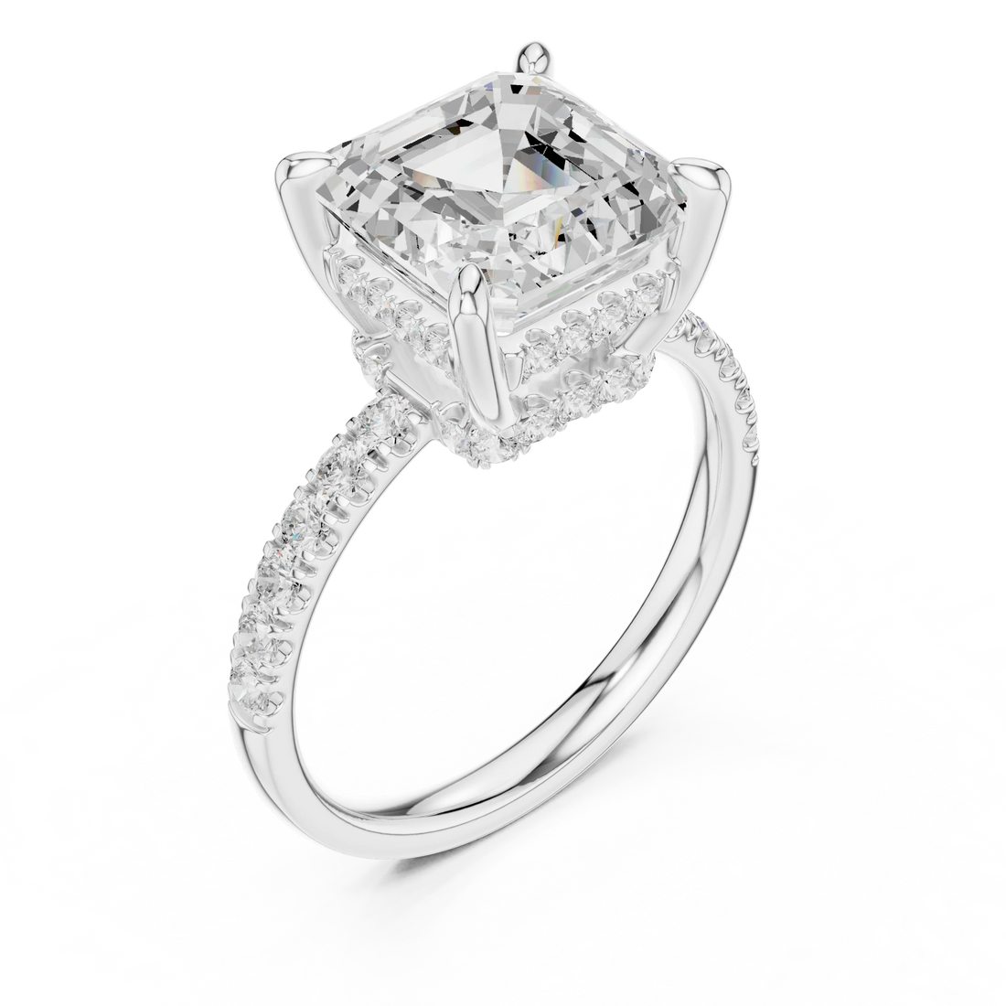 Asscher Diamond Hidden Halo Engagement Ring with Pave Band