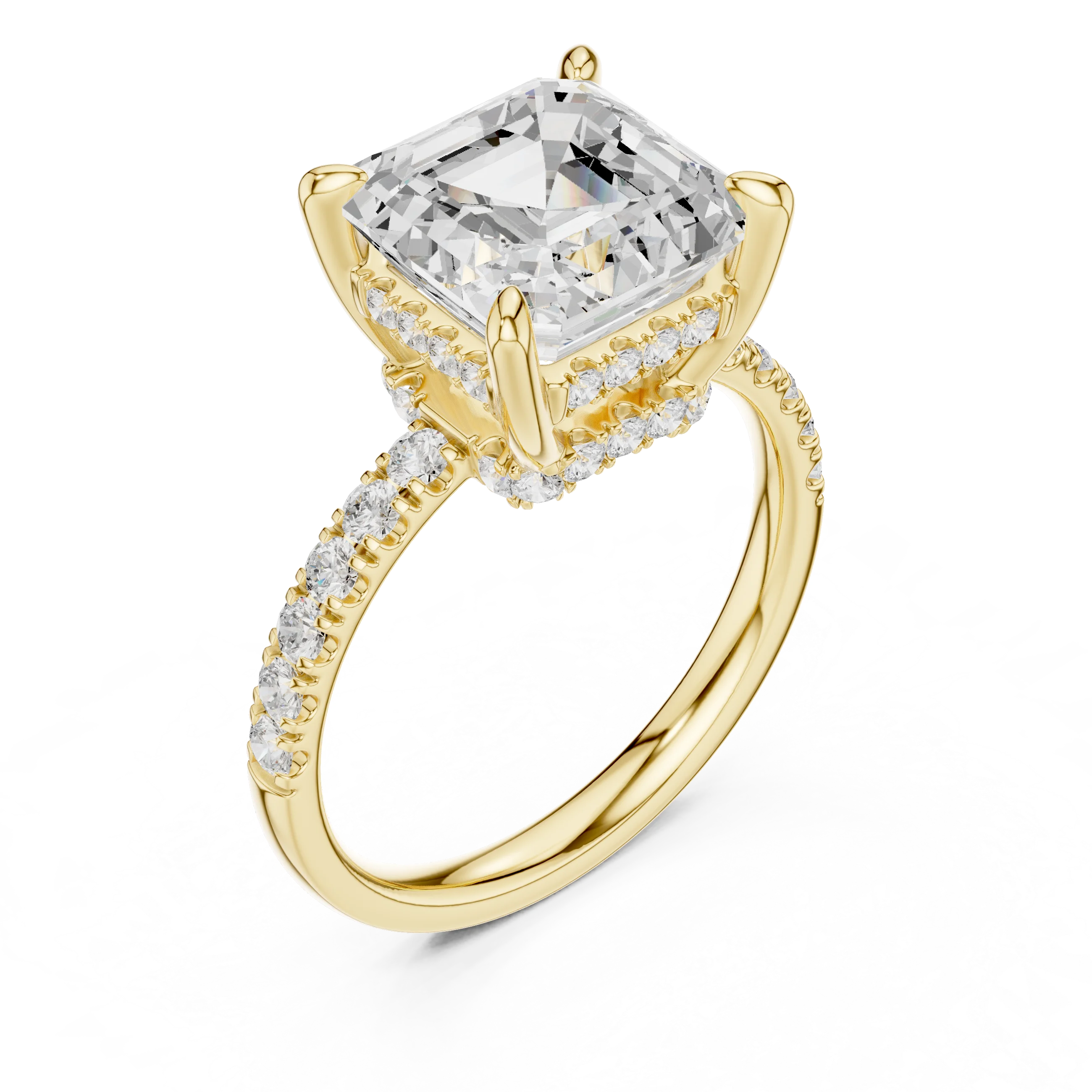 Asscher Diamond Hidden Halo Engagement Ring with Pave Band