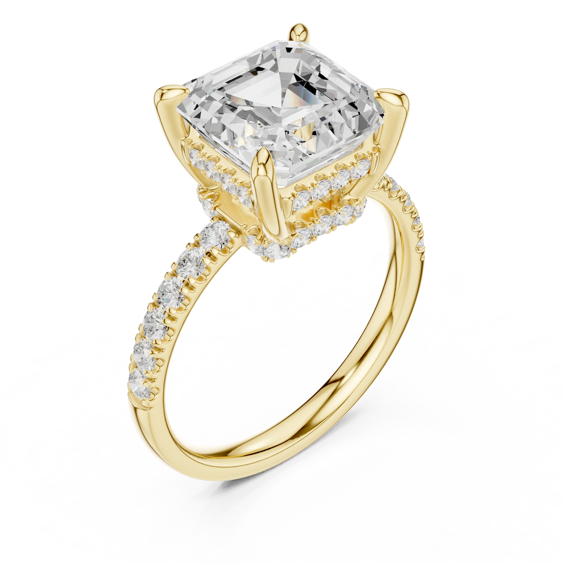 Asscher Diamond Hidden Halo Engagement Ring with Pave Band