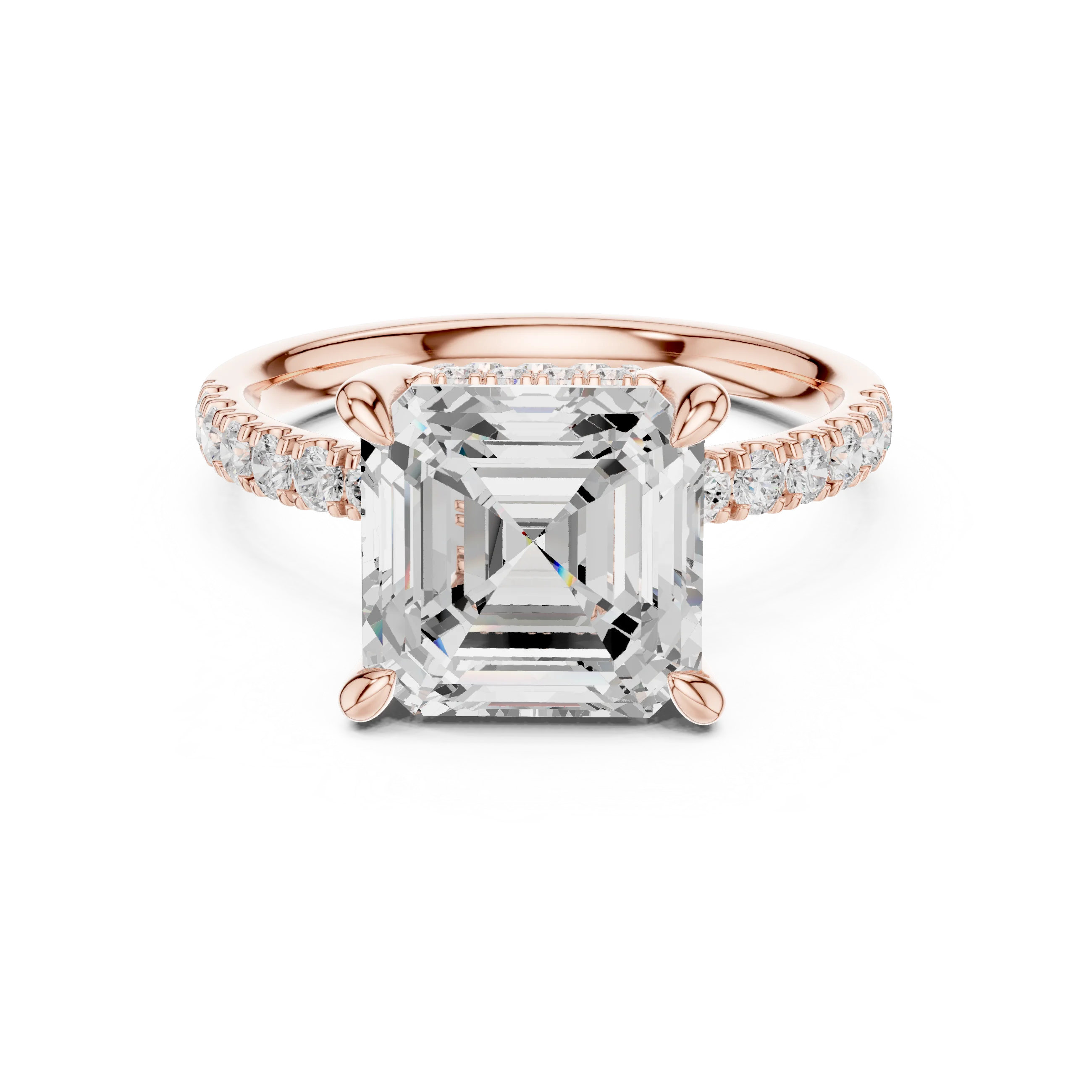 Asscher Diamond Hidden Halo Engagement Ring with Pave Band
