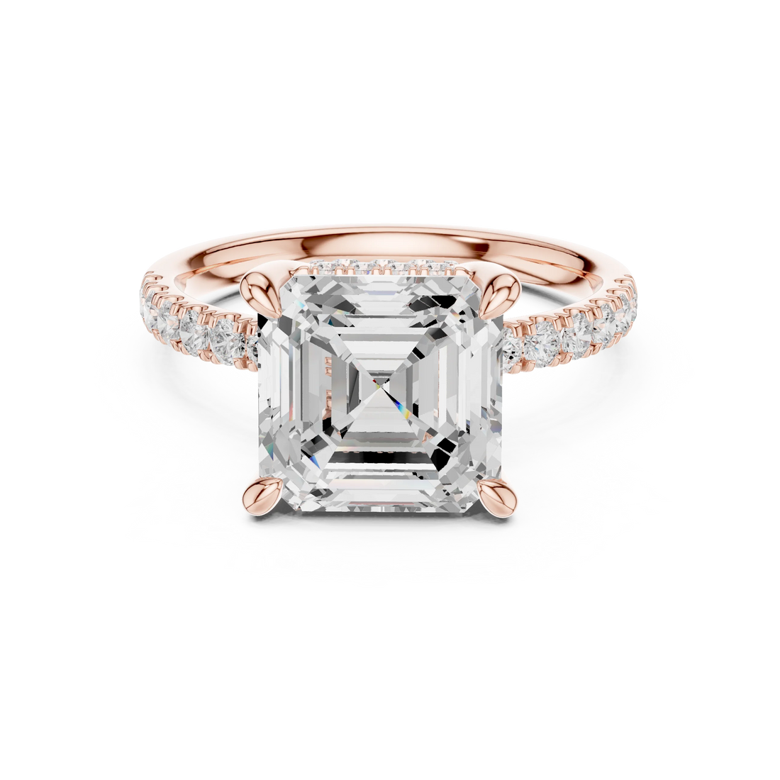 Asscher Diamond Hidden Halo Engagement Ring with Pave Band