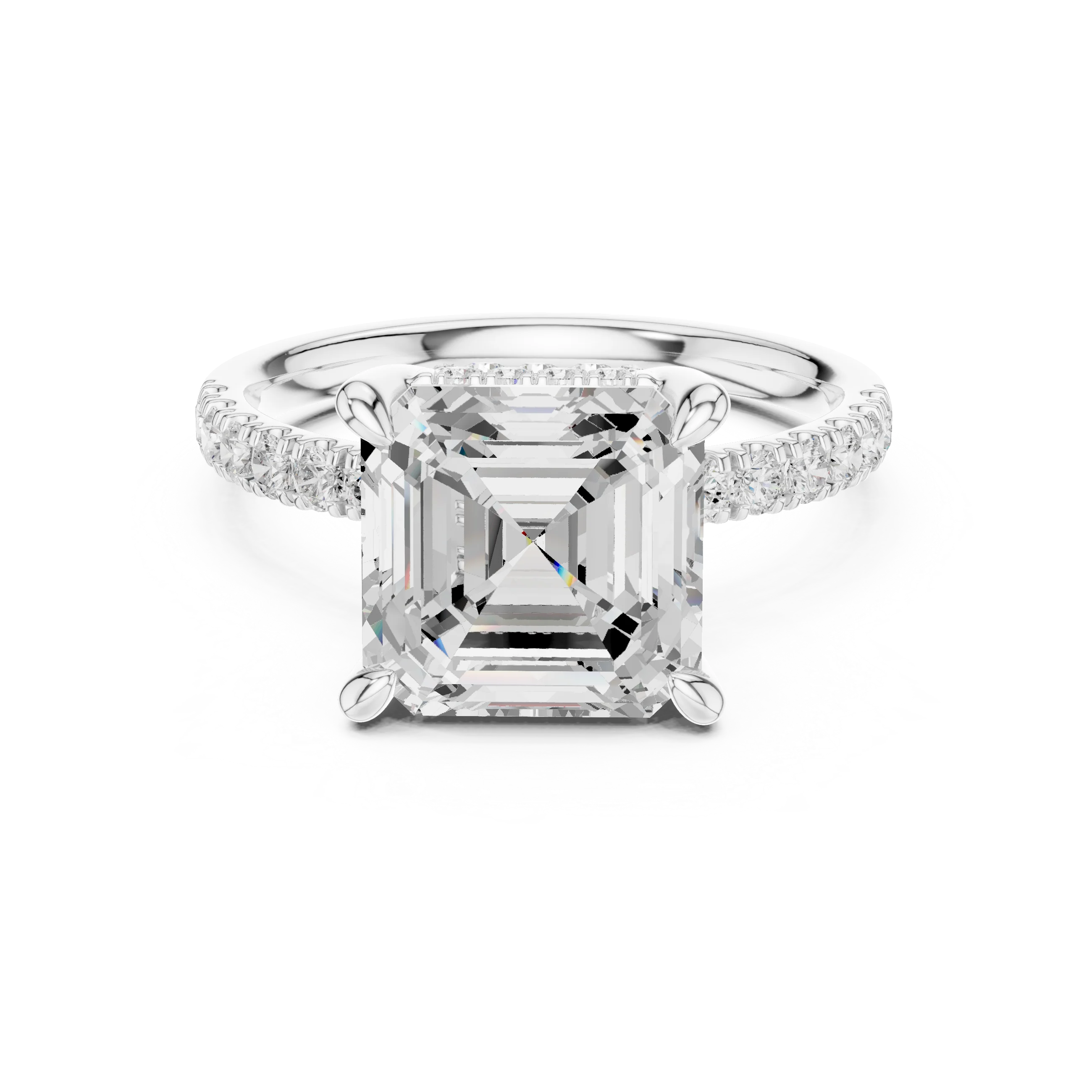 Asscher Diamond Hidden Halo Engagement Ring with Pave Band