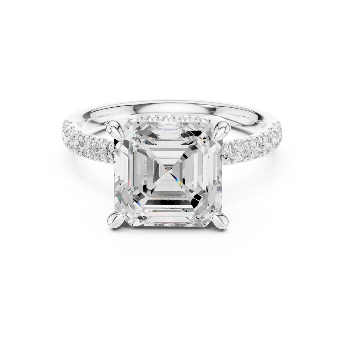 Asscher Diamond Hidden Halo Engagement Ring with Pave Band