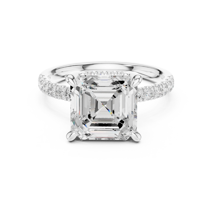Asscher Diamond Hidden Halo Engagement Ring with Pave Band