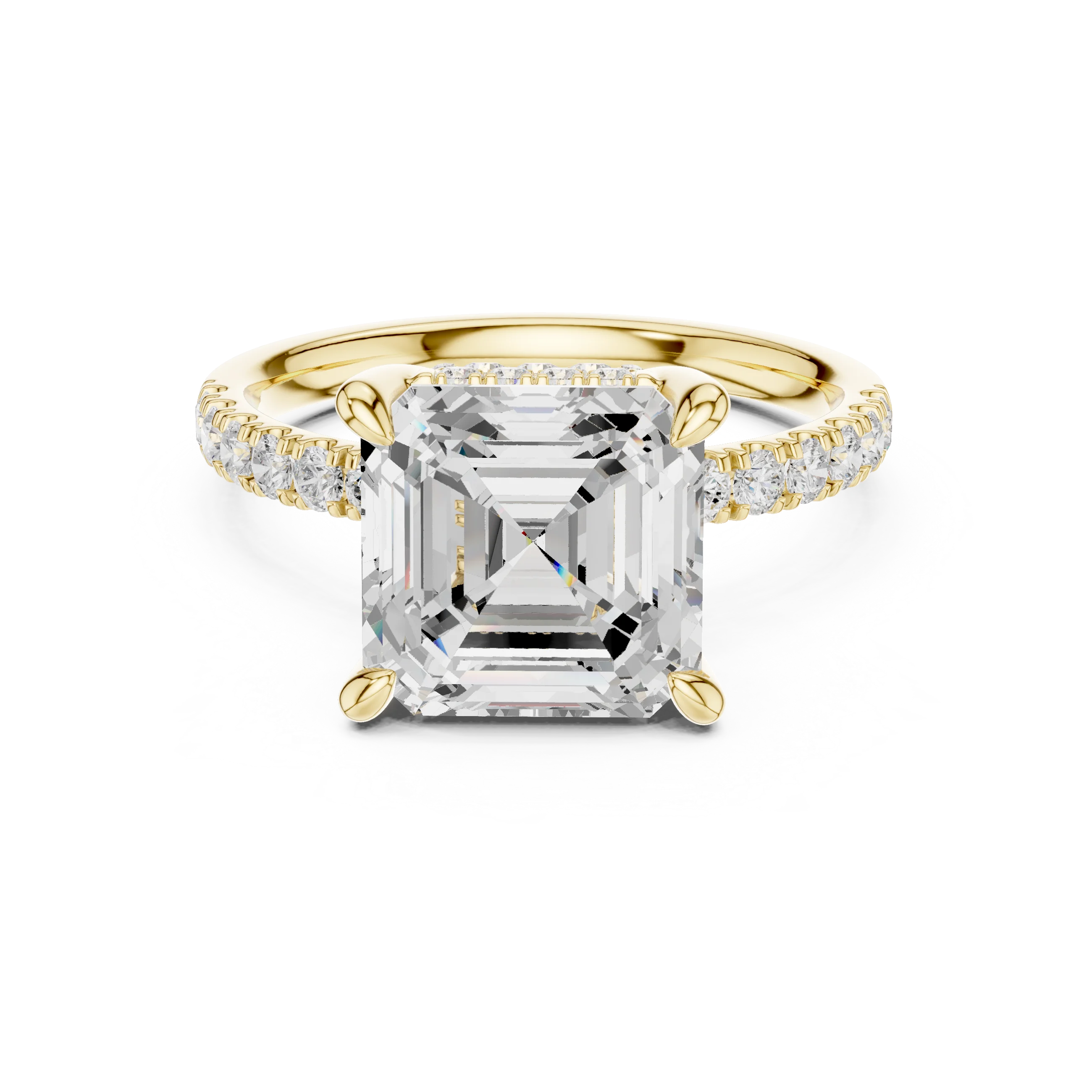 Asscher Diamond Hidden Halo Engagement Ring with Pave Band