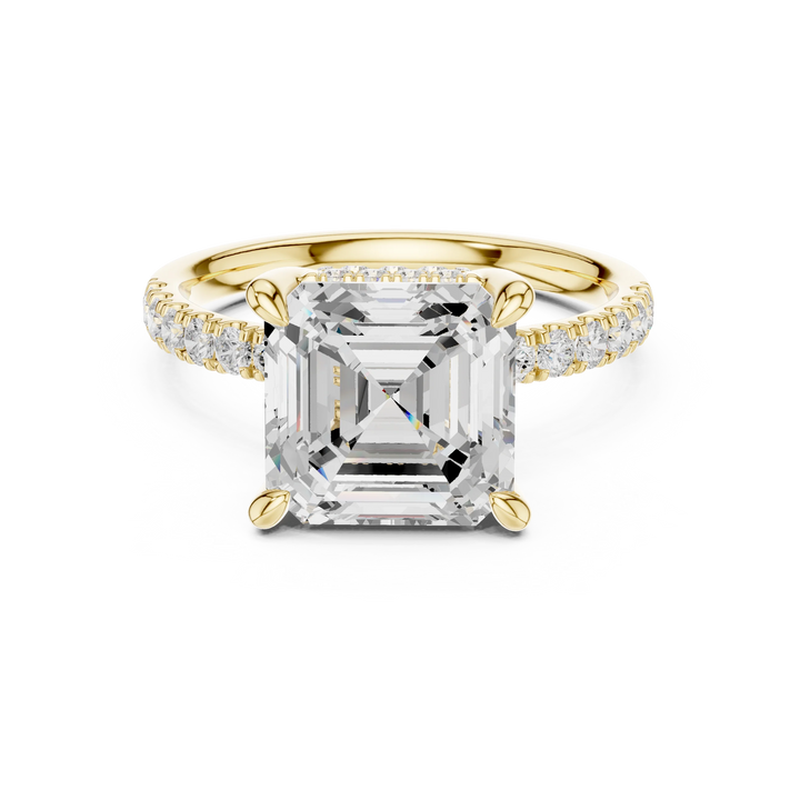 Asscher Diamond Hidden Halo Engagement Ring with Pave Band