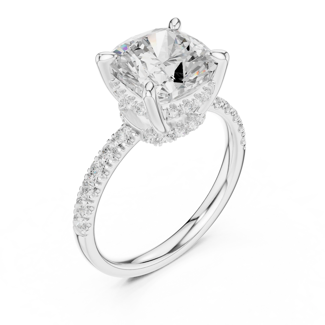 Cushion Diamond Hidden Halo Engagement Ring with Pave Band
