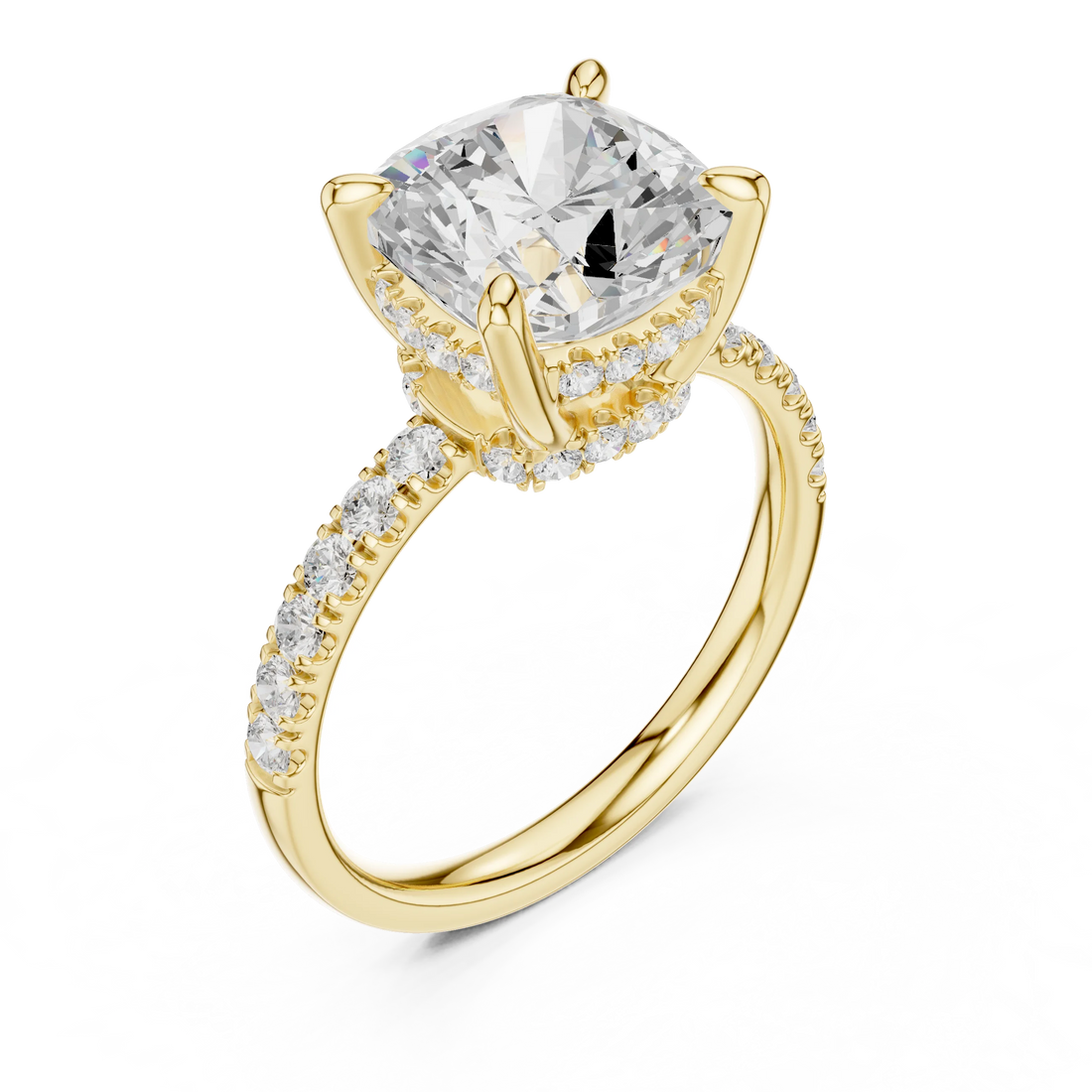 Cushion Diamond Hidden Halo Engagement Ring with Pave Band