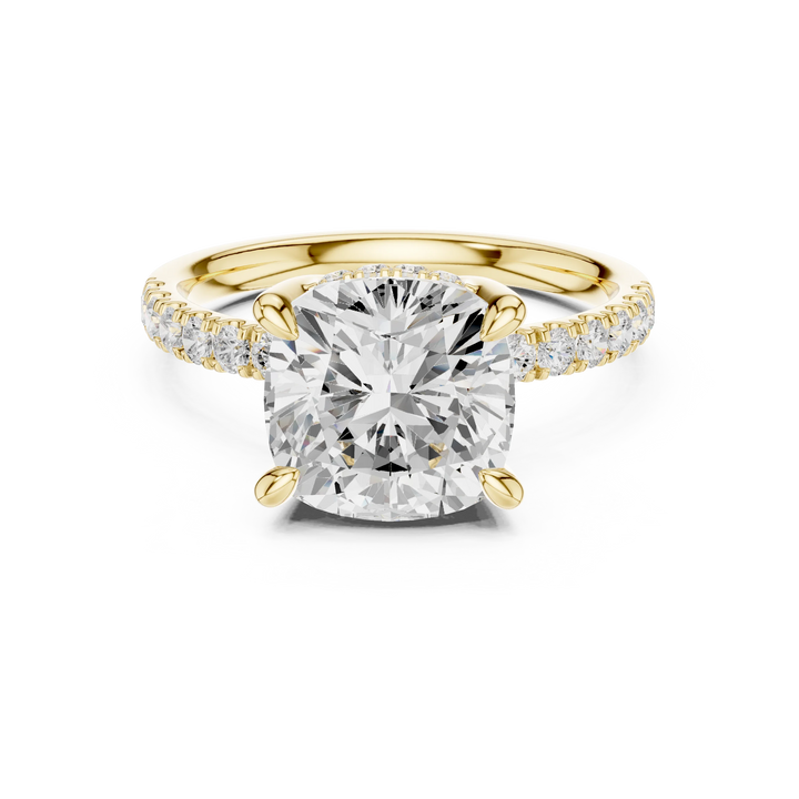 Cushion Diamond Hidden Halo Engagement Ring with Pave Band