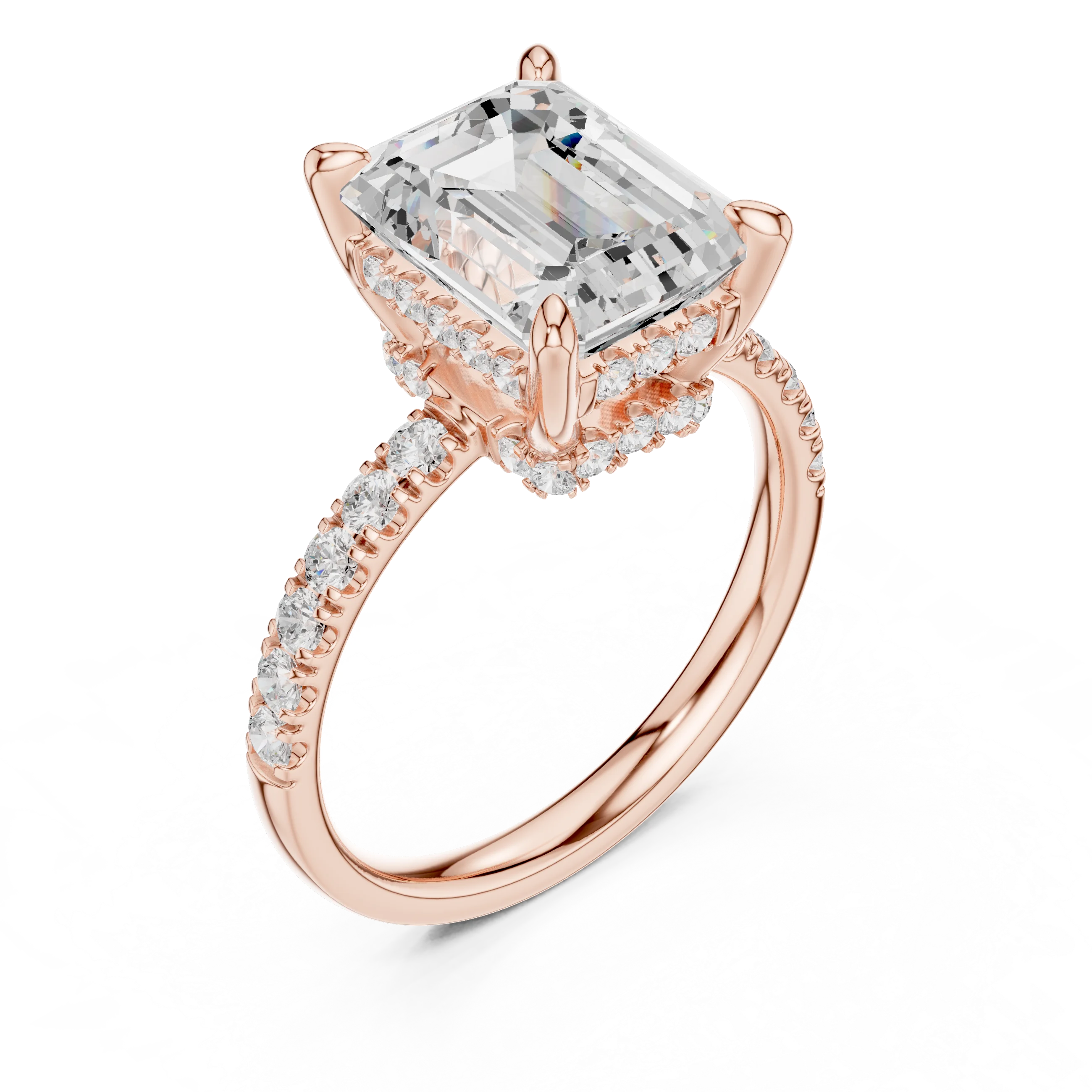 Emerald Diamond Hidden Halo Engagement Ring with Pave Band